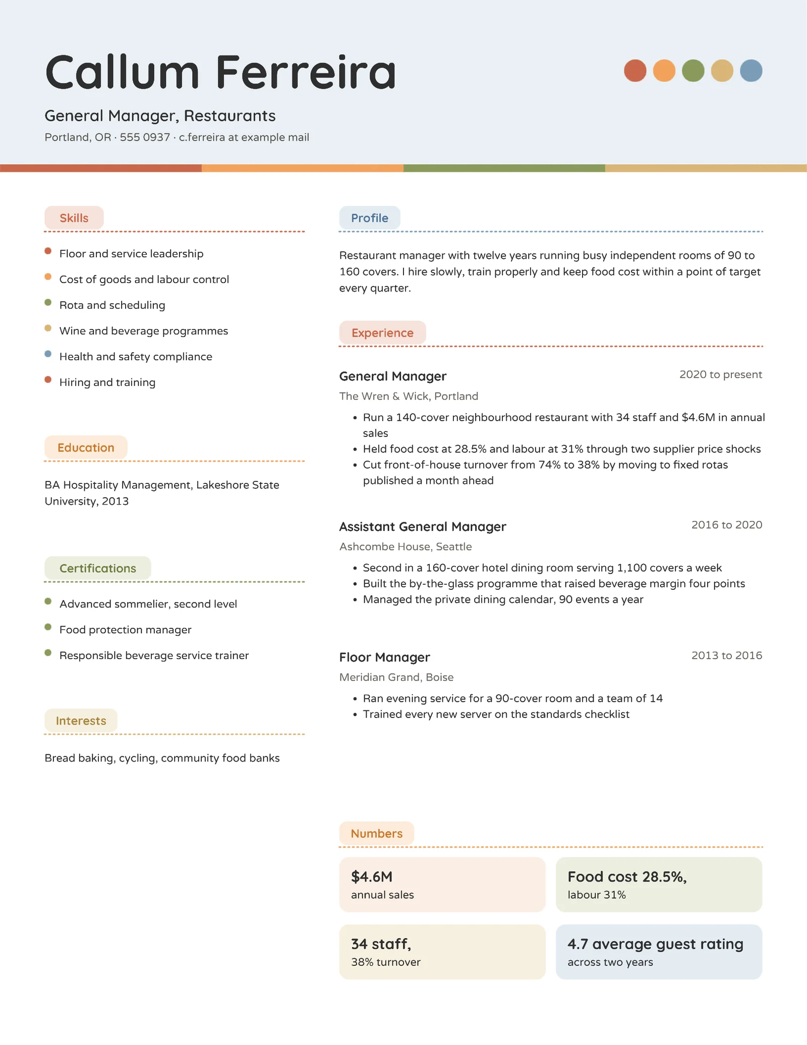 Terracotta Colorful Restaurant General Manager Resume — 2-page Resume template, page 2 of 2