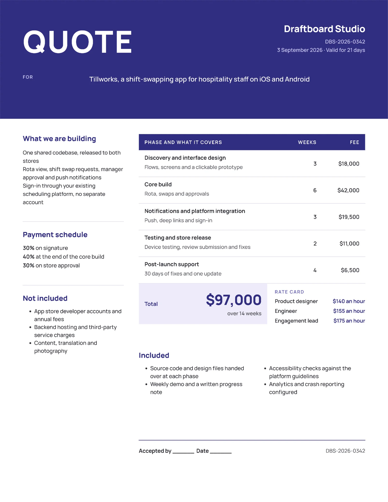 Indigo Phase Table Mobile App Build Quote — 2-page Quote template, page 2 of 2