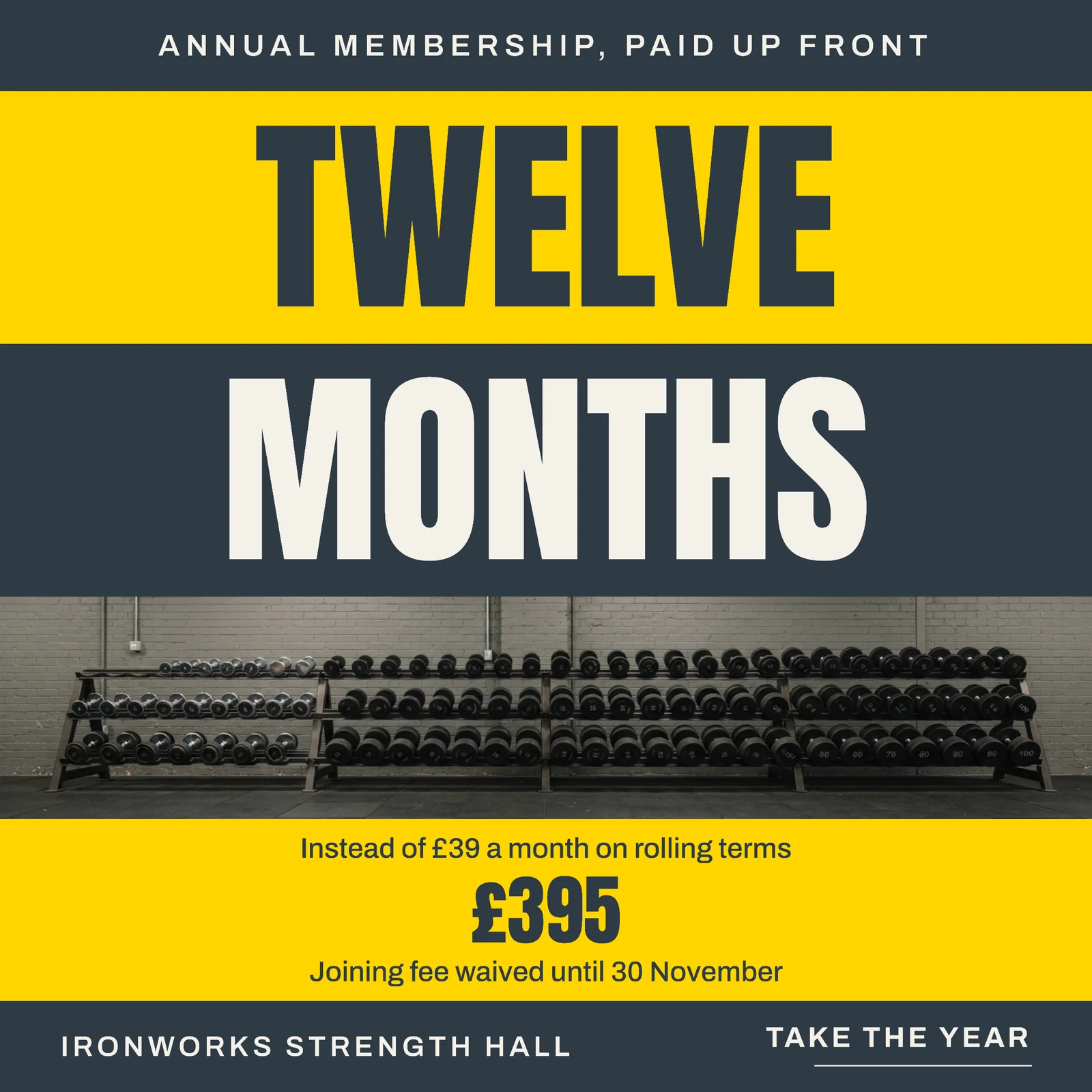 Slate Signal Yellow Band Stack Strength Hall Twelve Months Instagram Ad — 1:1 Instagram ad template