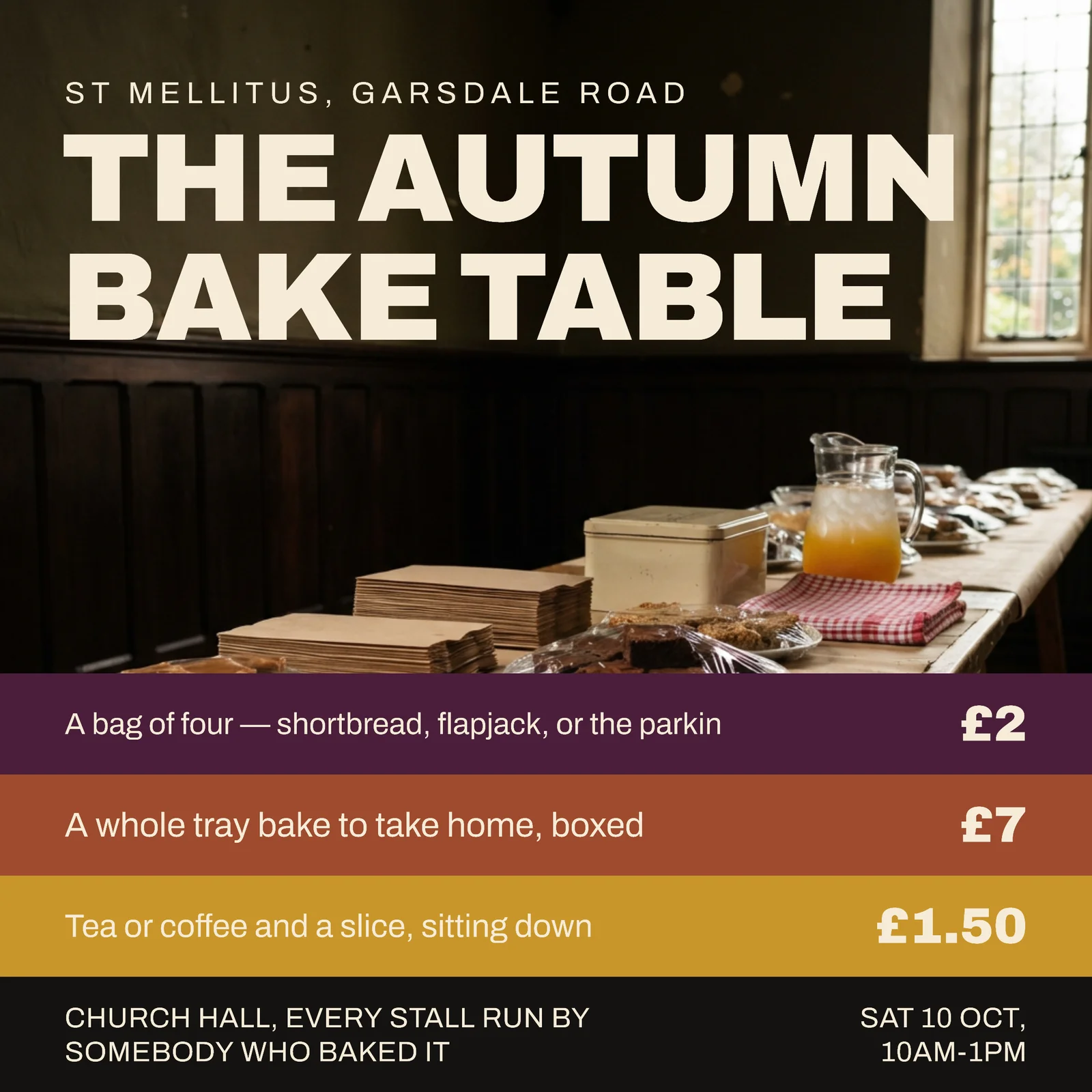 Plum Brick Photo Cover Price Tiers Parish Church Autumn Bake Table Facebook Ad — 1:1 Facebook ad template