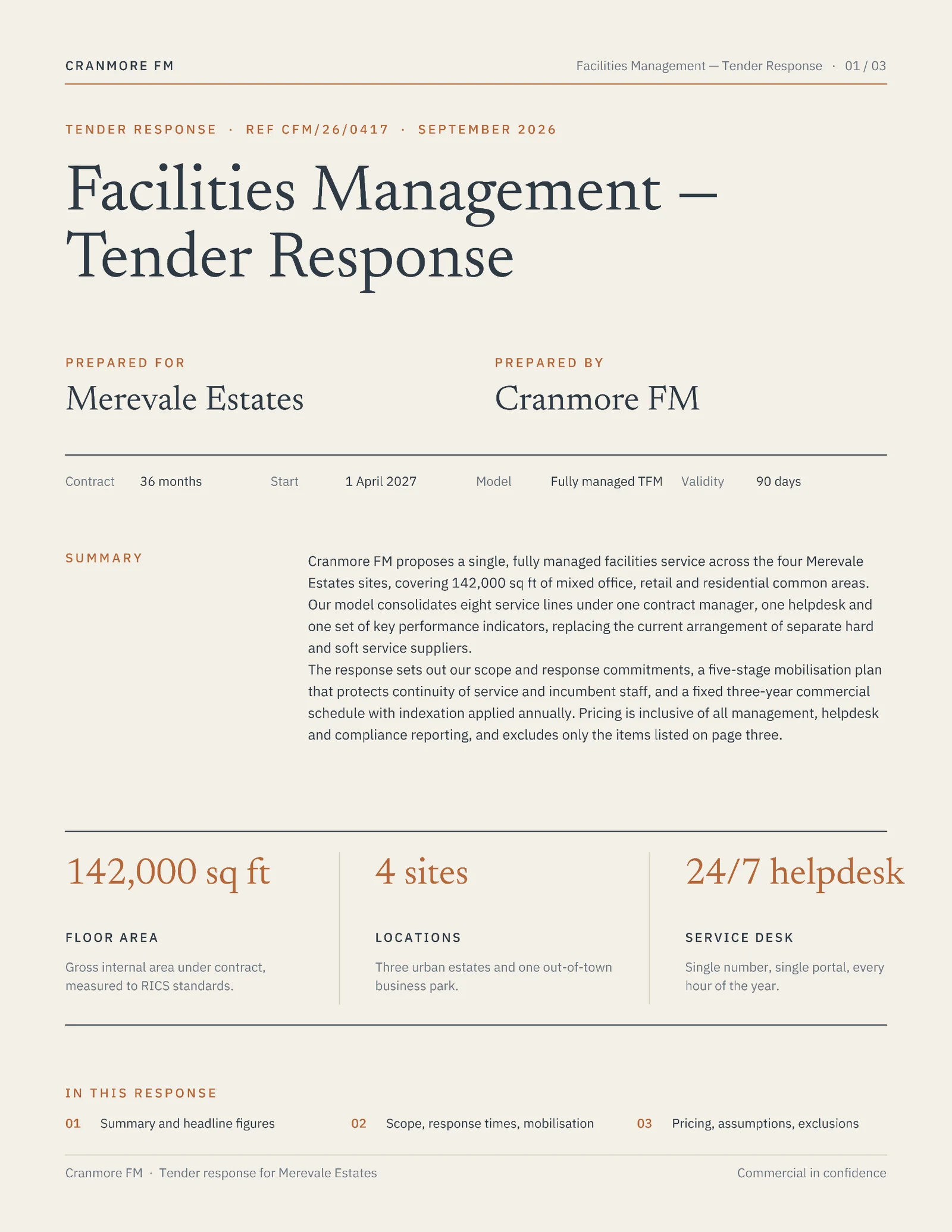 Facilities Tender Proposal — 3-page Proposal template, page 1 of 3