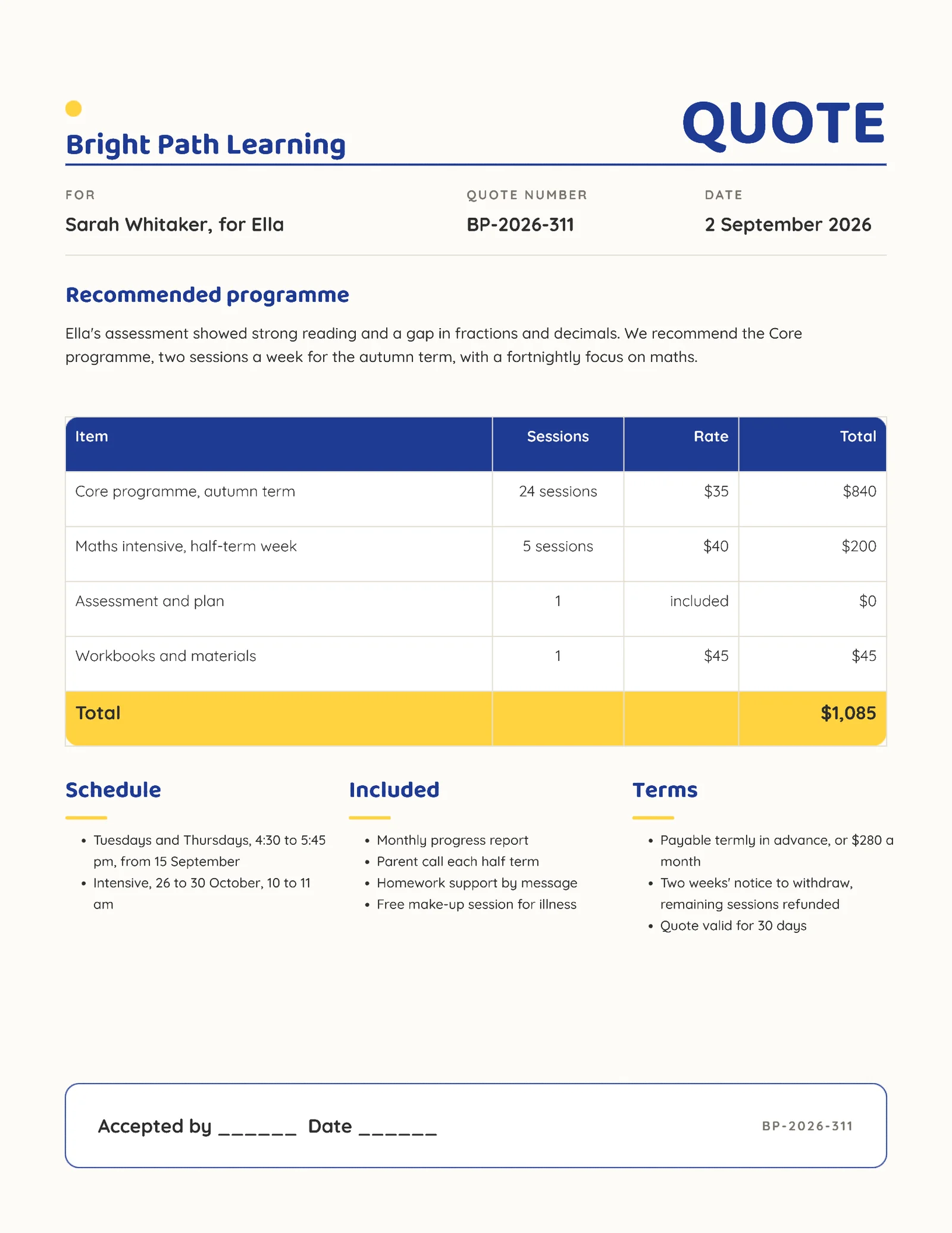 Friendly Tutoring Package Quote — 2-page Quote template, page 1 of 2