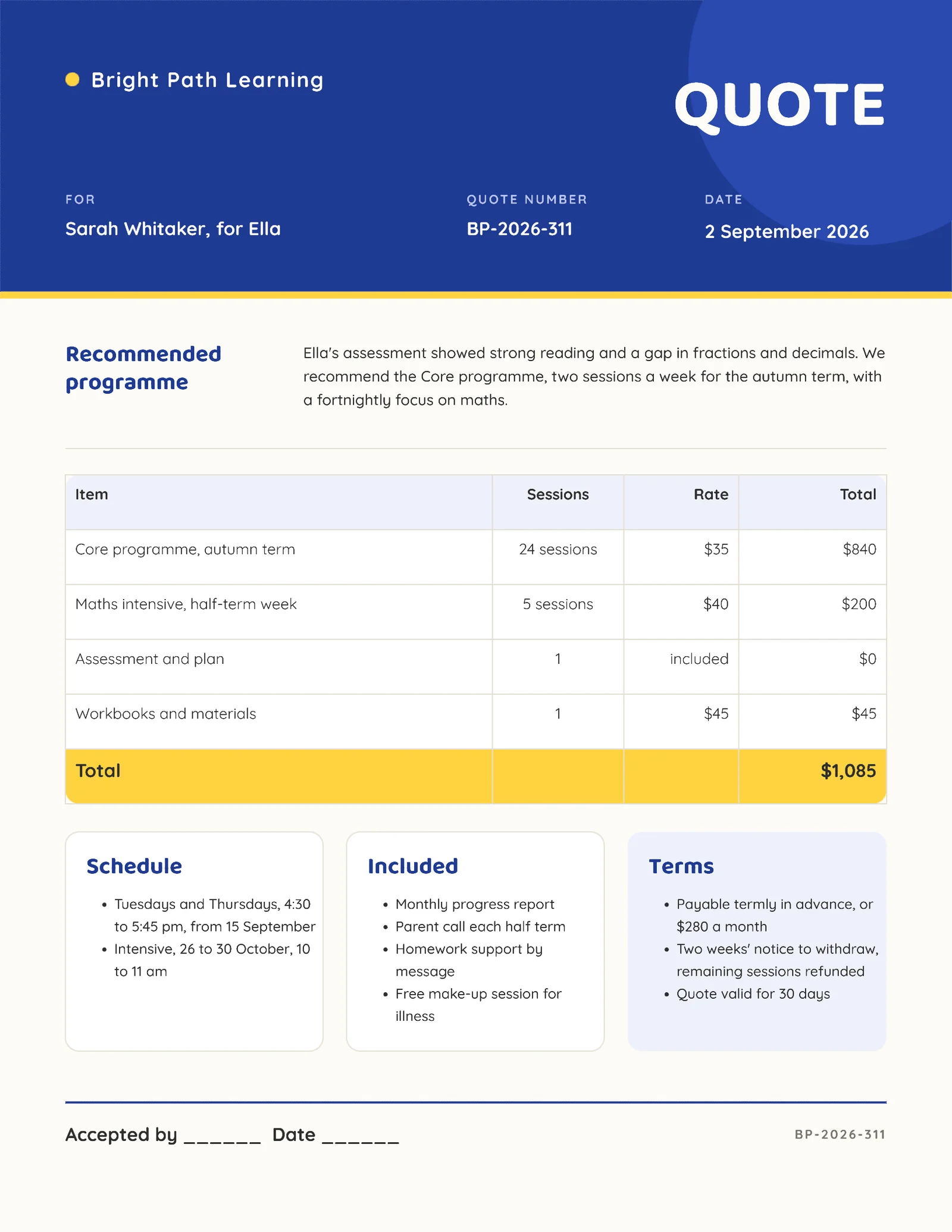Friendly Tutoring Package Quote — 2-page Quote template, page 2 of 2