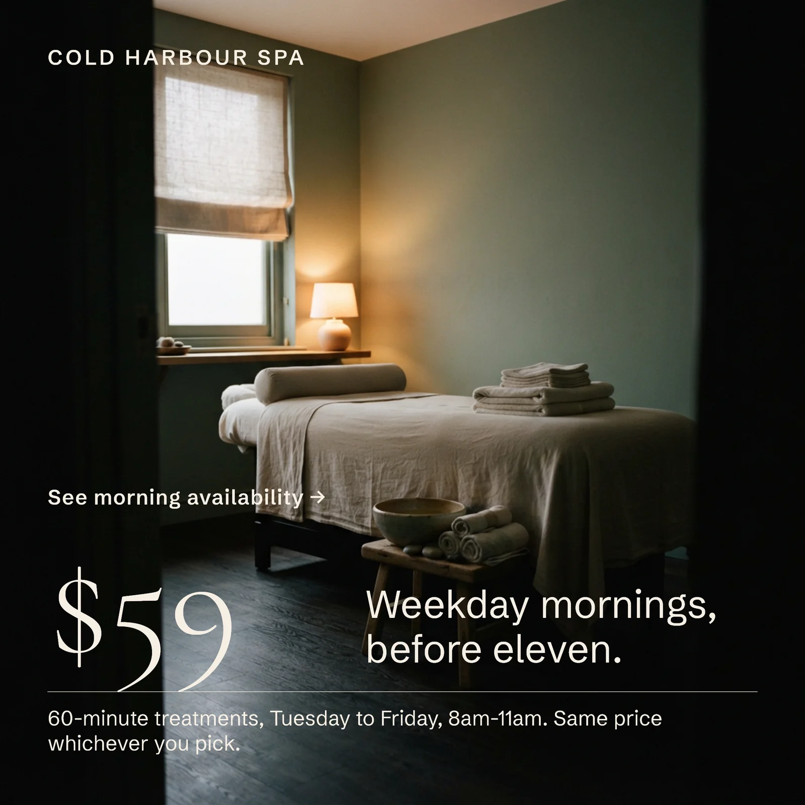 Eucalyptus Treatment Room Spa Off Peak Facebook Ad — 1:1 Facebook ad template