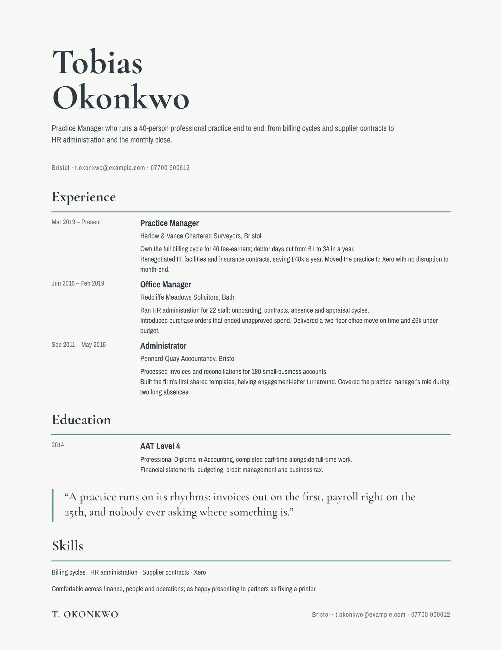 Practice Manager Resume — 2-page Resume template, page 1 of 2