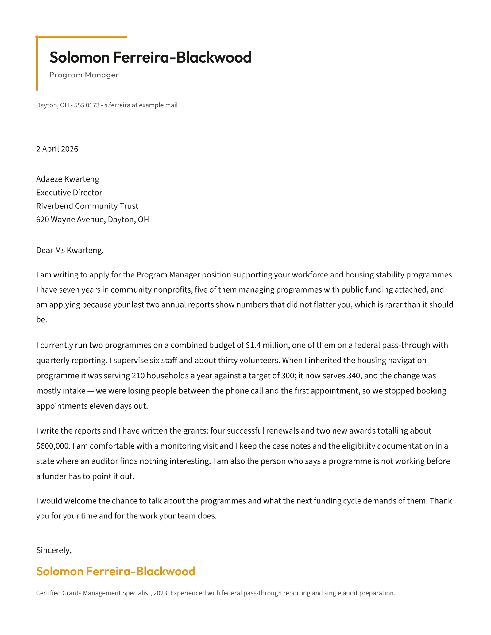 Nonprofit Program Manager Cover Letter — Letter Cover letter template