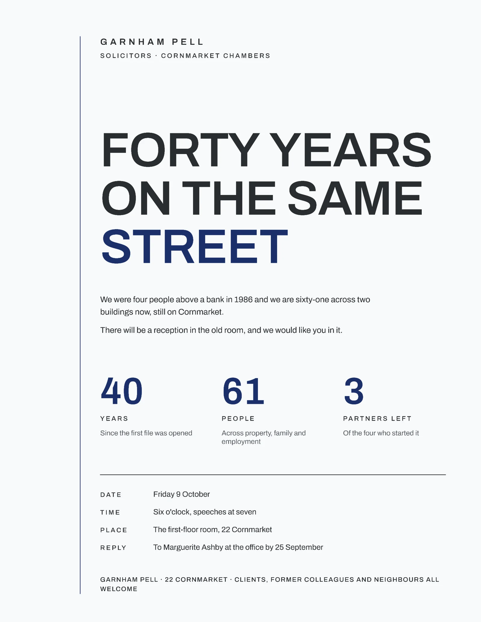 Cold White Ink Blue Spine Rule Law Firm Fortieth Anniversary Invitation — Letter Invitation template