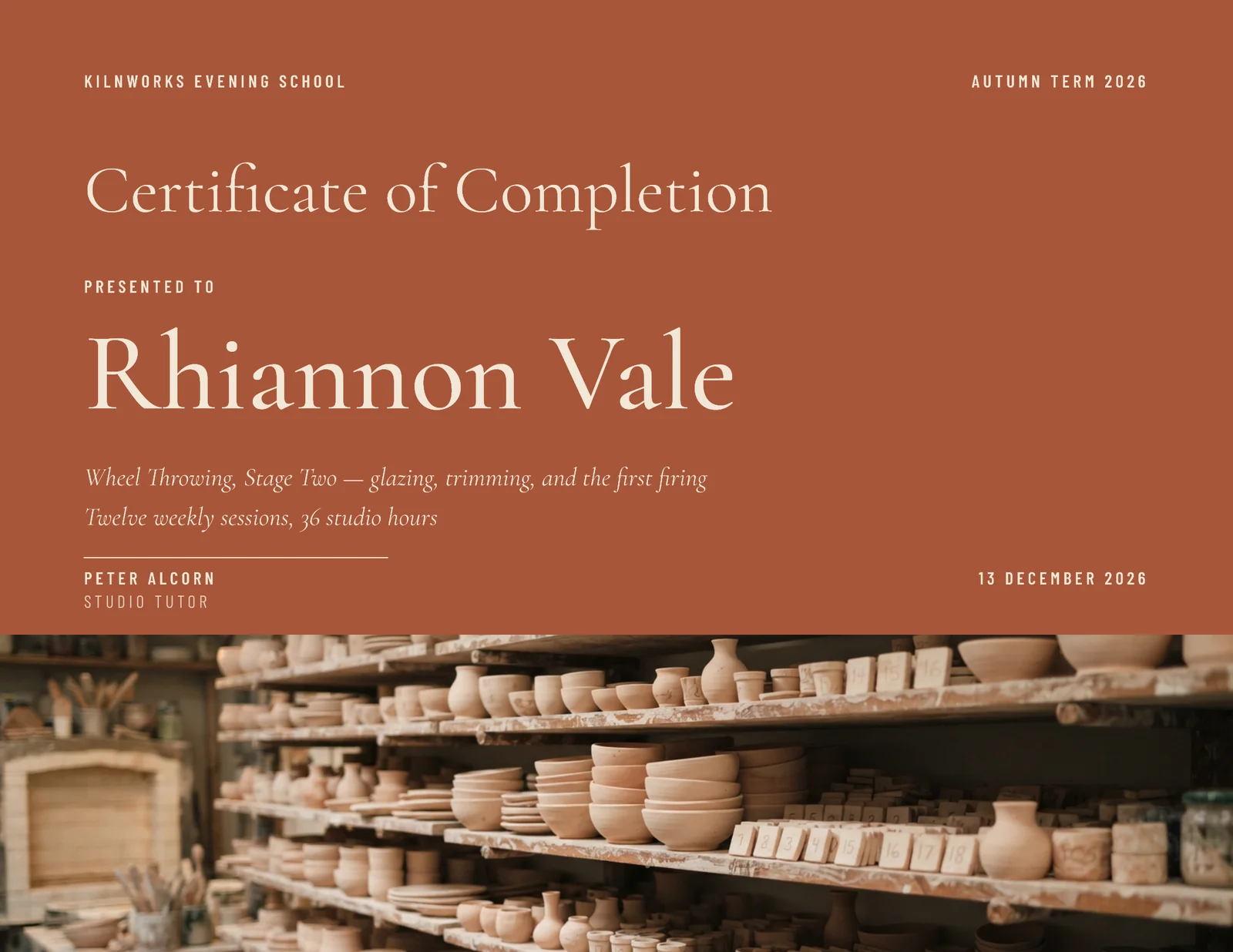 Clay Photo Footer Pottery Course Certificate — Letter landscape Certificate template