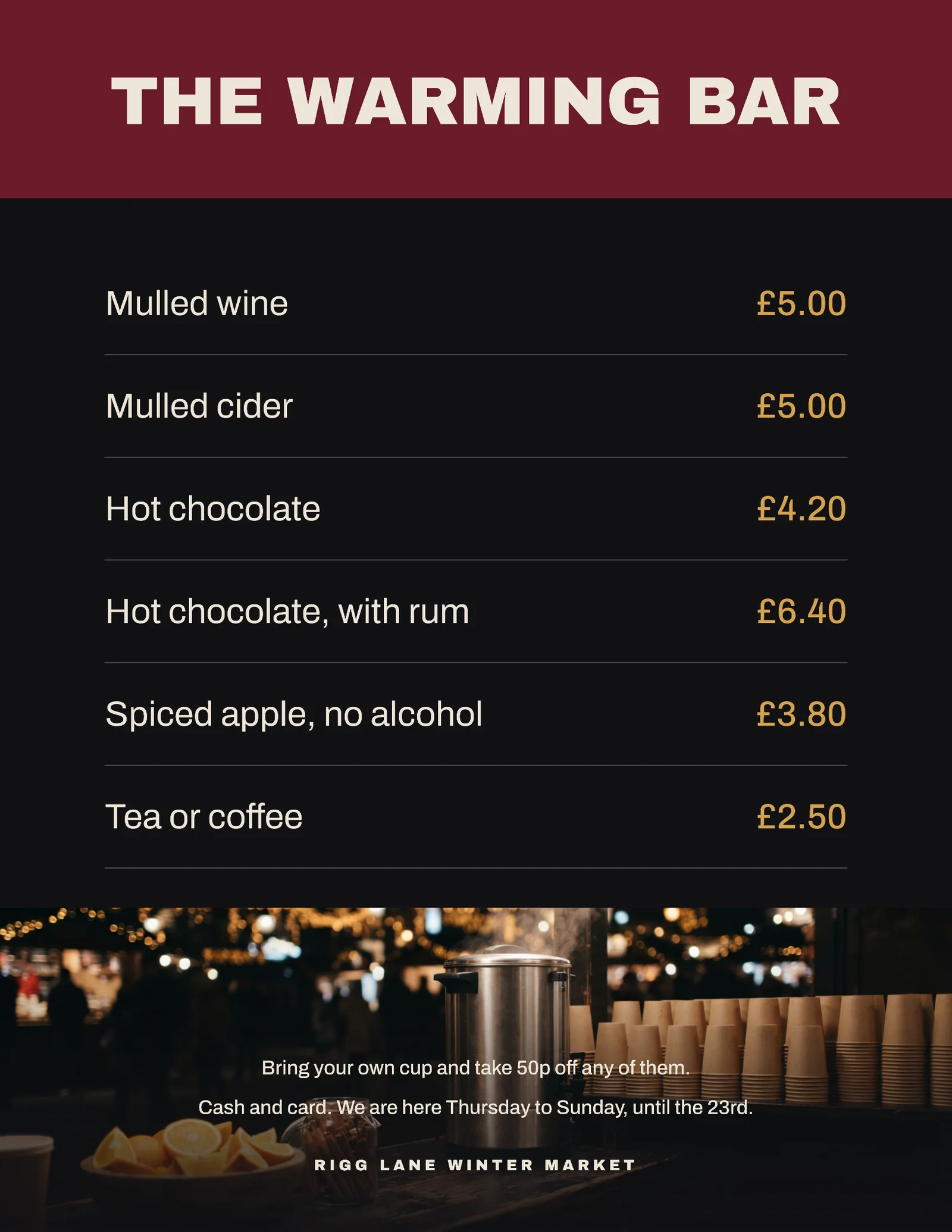 Winter Market Stall Drinks Menu — Letter Menu template