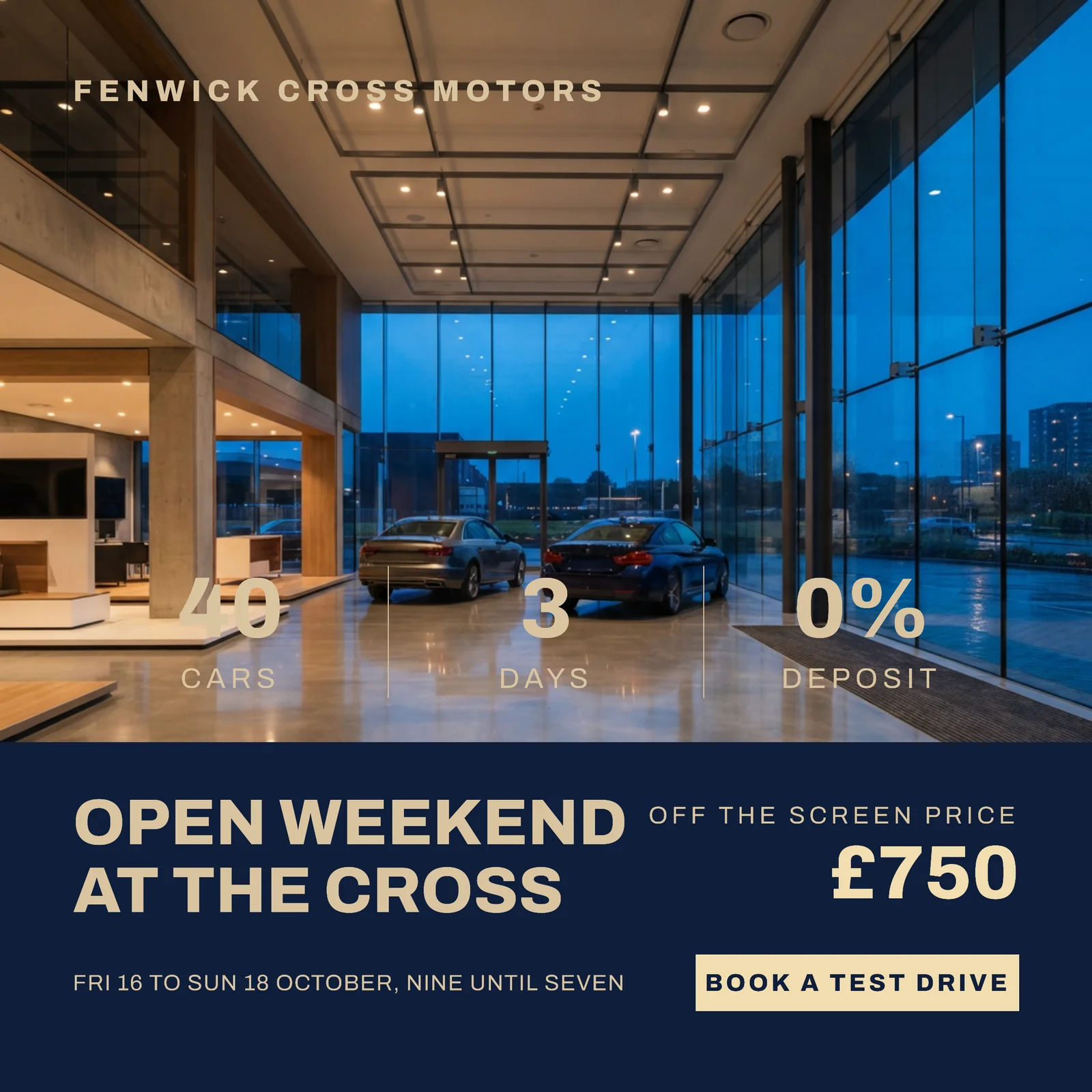 Navy Sand Lower Bar Car Showroom Open Weekend Instagram Ad — 1:1 Instagram ad template
