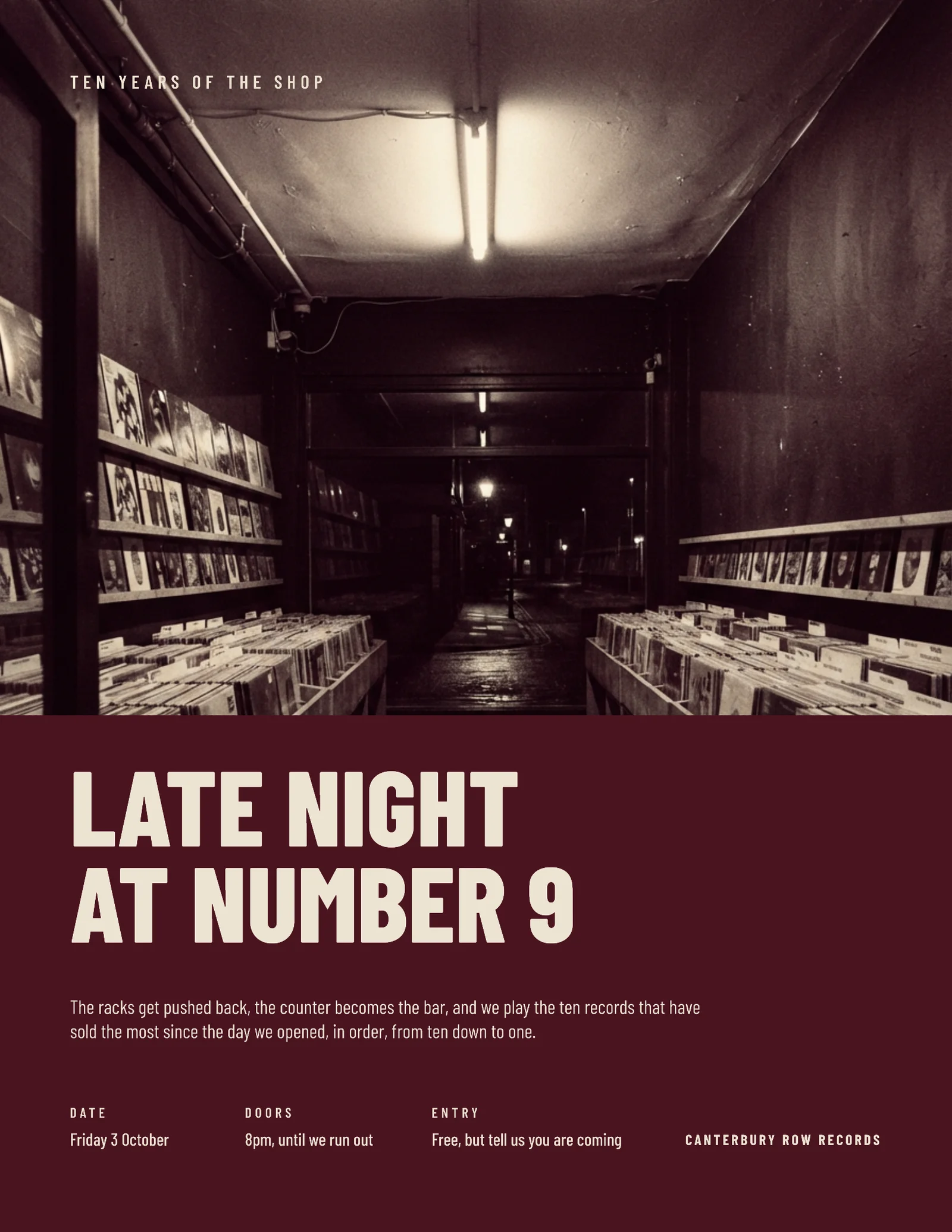 Oxblood Duotone Record Shop Birthday Invitation — Letter Invitation template