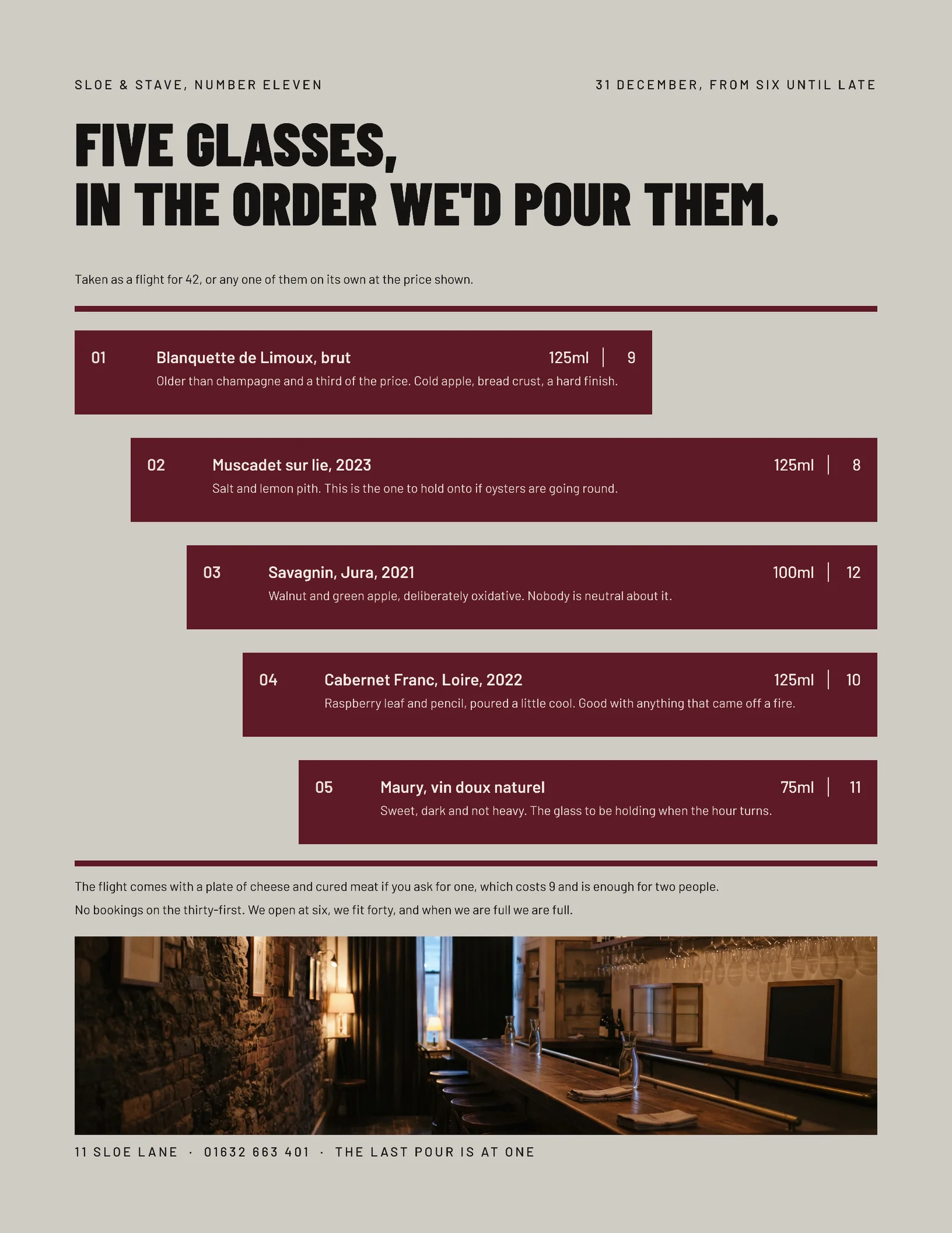 Claret Staircase Flight Wine Bar New Year Menu — Letter Menu template