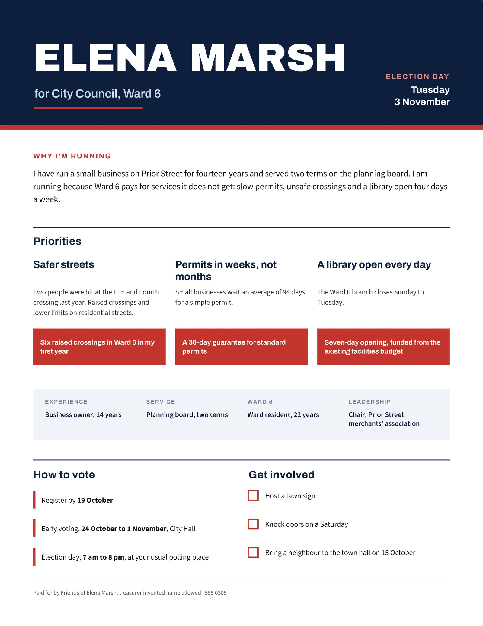 Campaign Clean Council Candidate Platform — 2-page One pager template, page 1 of 2