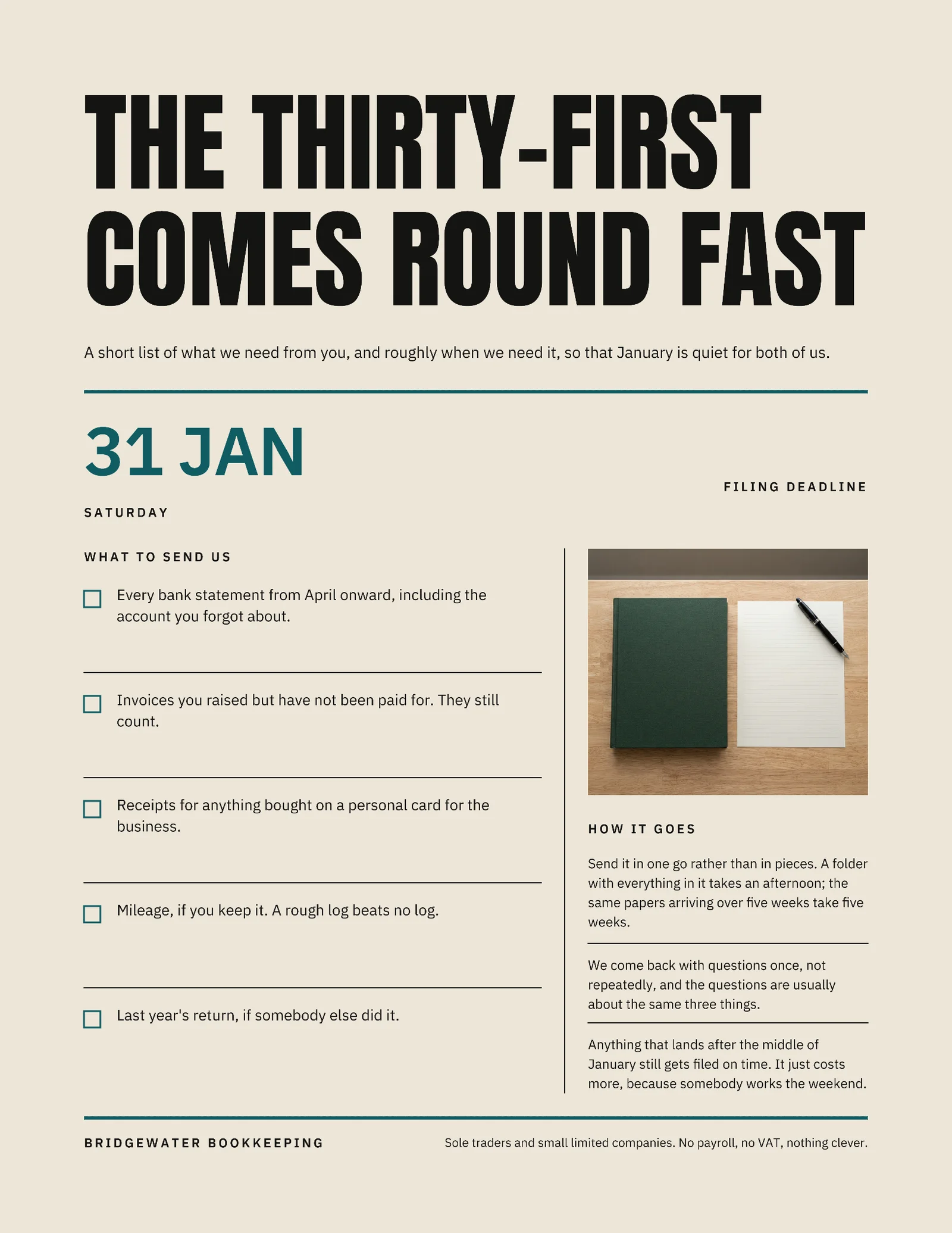Oat Deadline Checklist Bookkeeper January Filing Flyer — Letter Flyer template