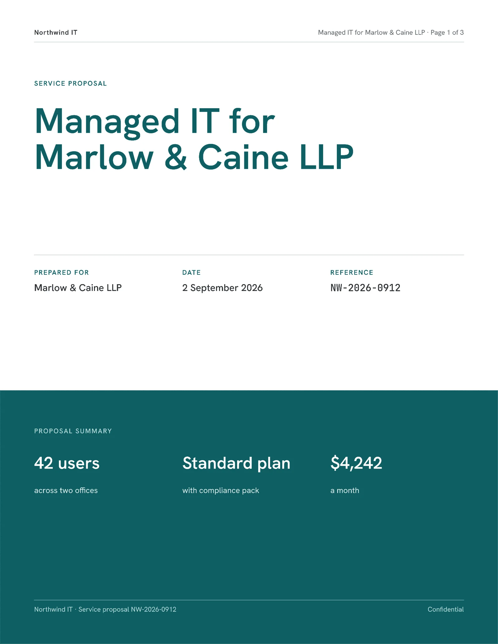 Technical Managed IT Services Proposal — 3-page Proposal template, page 1 of 3