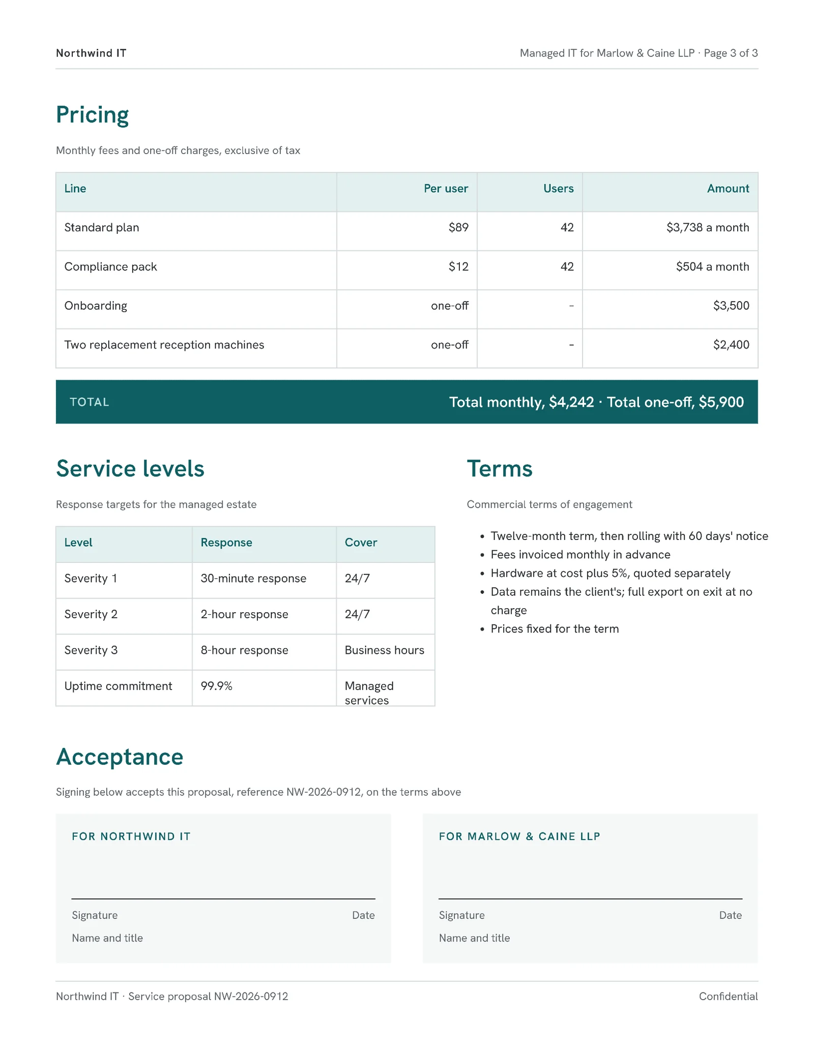 Technical Managed IT Services Proposal — 3-page Proposal template, page 3 of 3