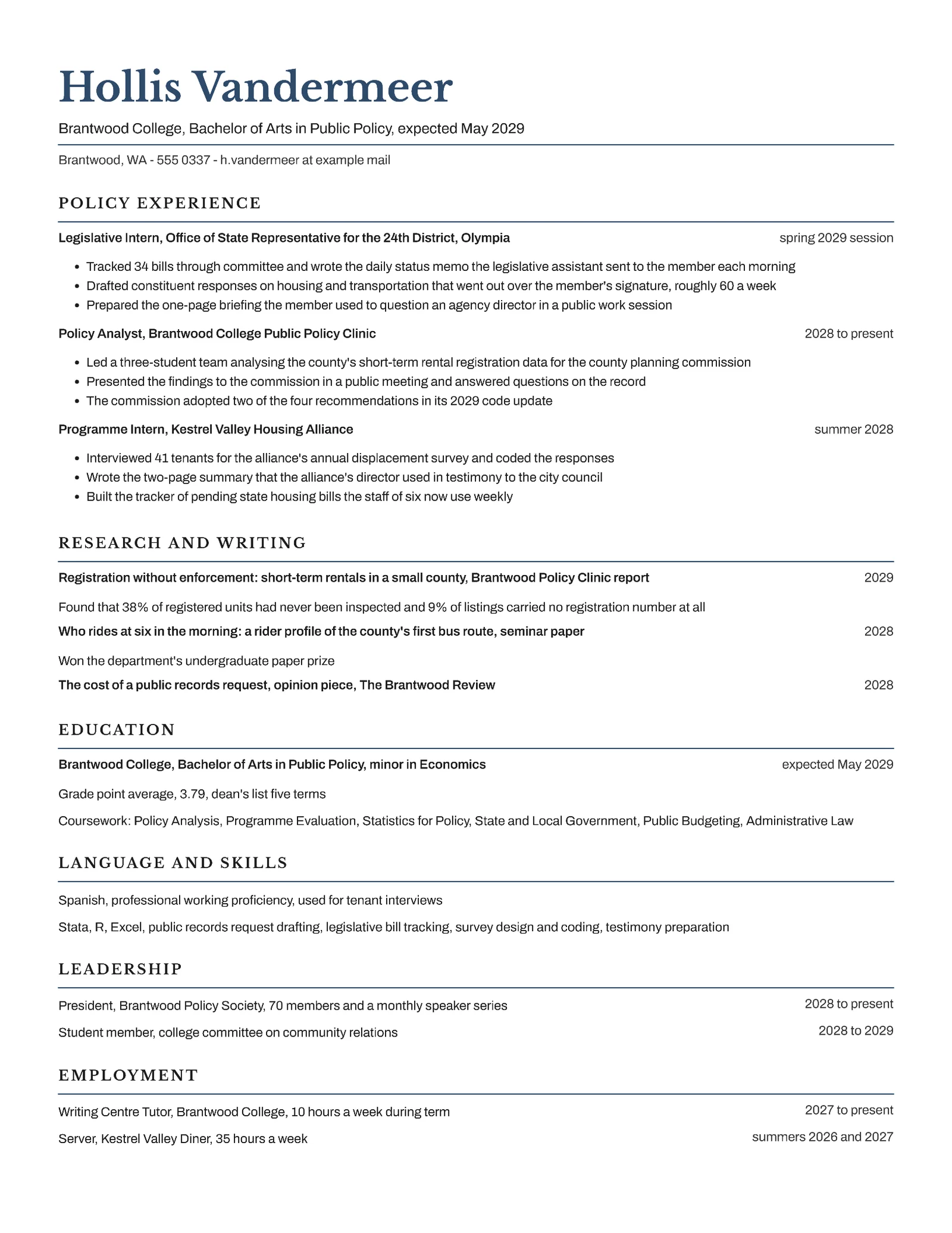 Public Policy Internship Resume — Letter Resume template