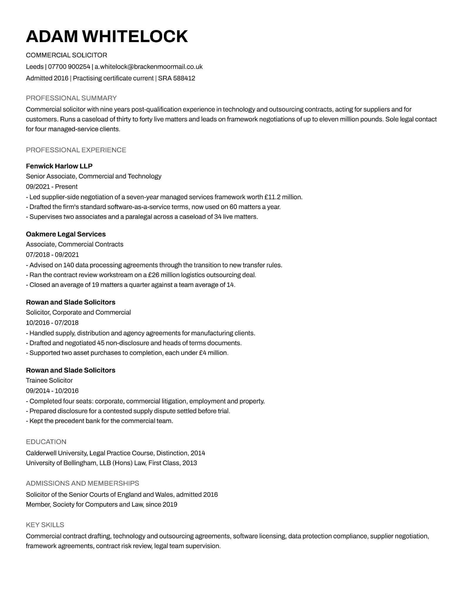 Commercial Solicitor ATS Resume — Letter Resume template