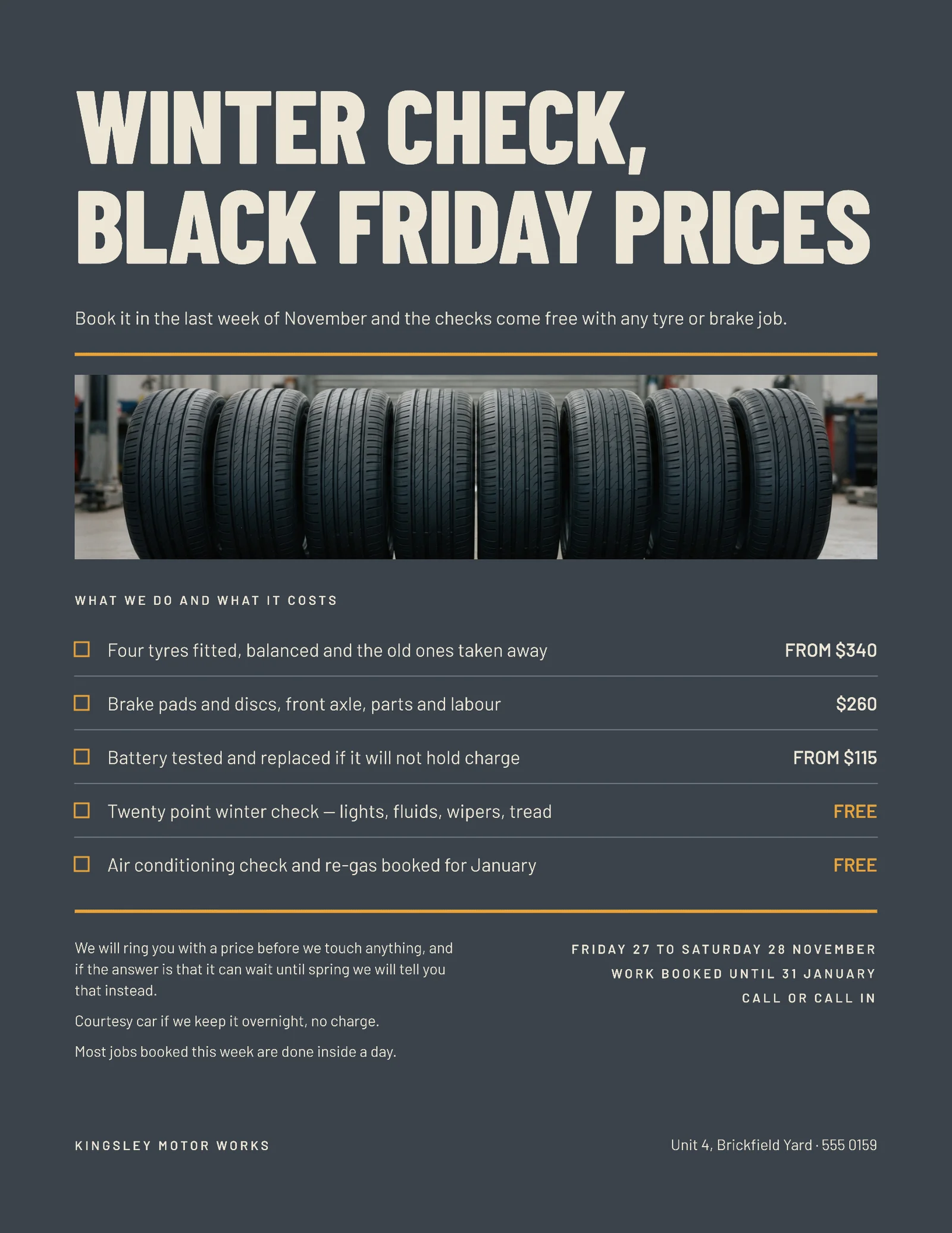 Slate Checklist Rows Garage Black Friday Tyres Flyer — Letter Flyer template