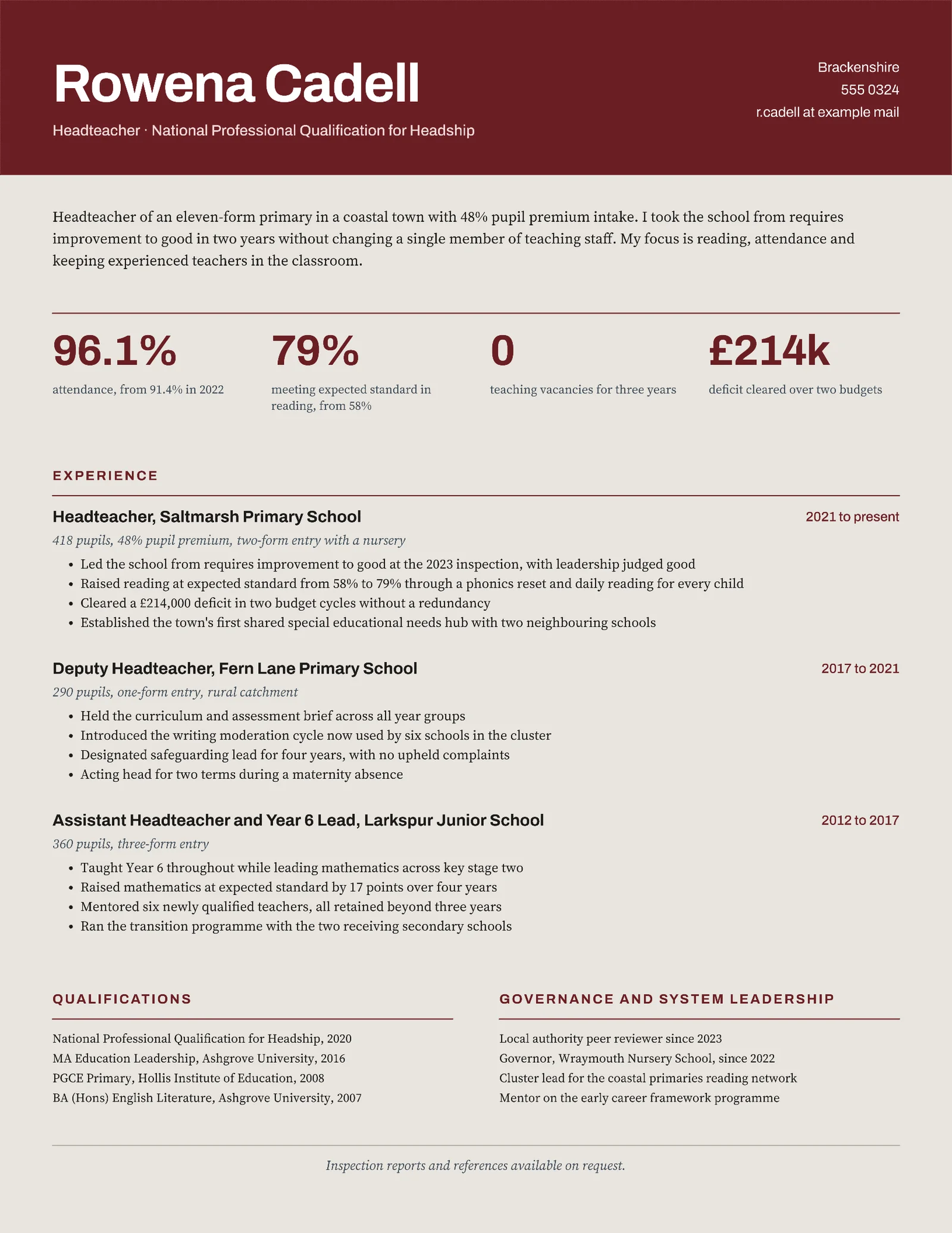 Oxblood Stone Corporate Primary Headteacher Resume — Letter Resume template