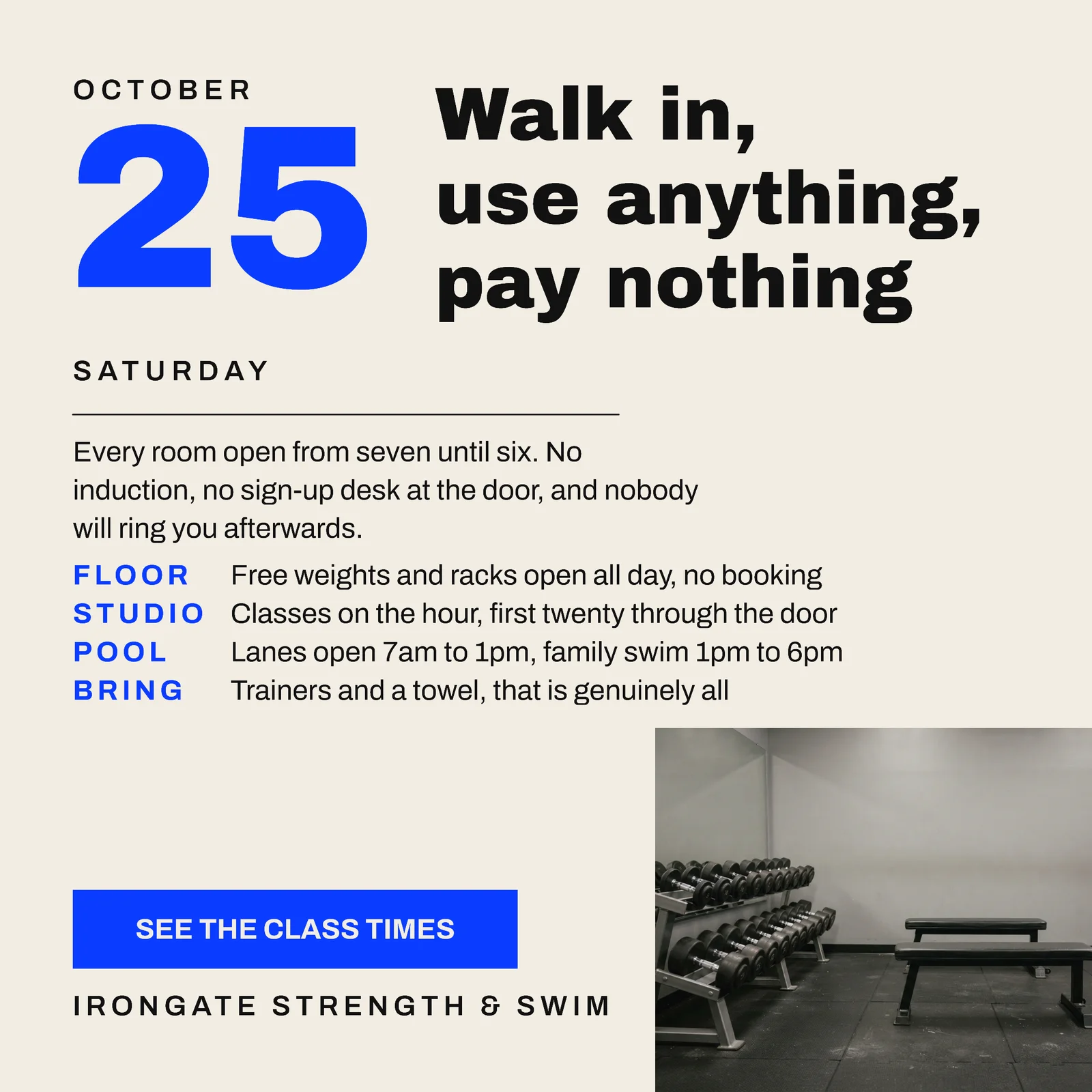 Bone Electric Blue Date Block Corner Photo Gym Open Day Facebook Ad — 1:1 Facebook ad template