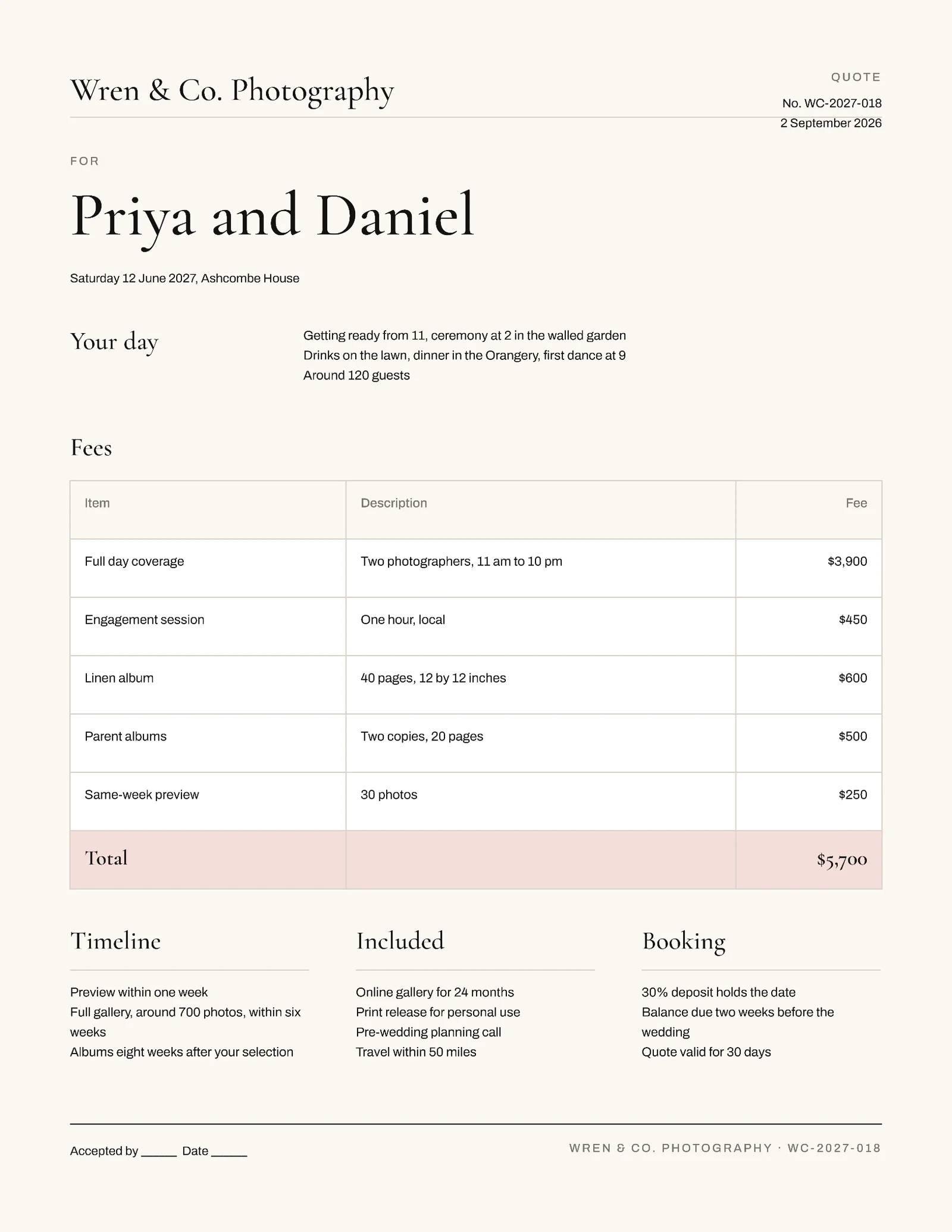 Editorial Wedding Photography Quote — 2-page Quote template, page 1 of 2