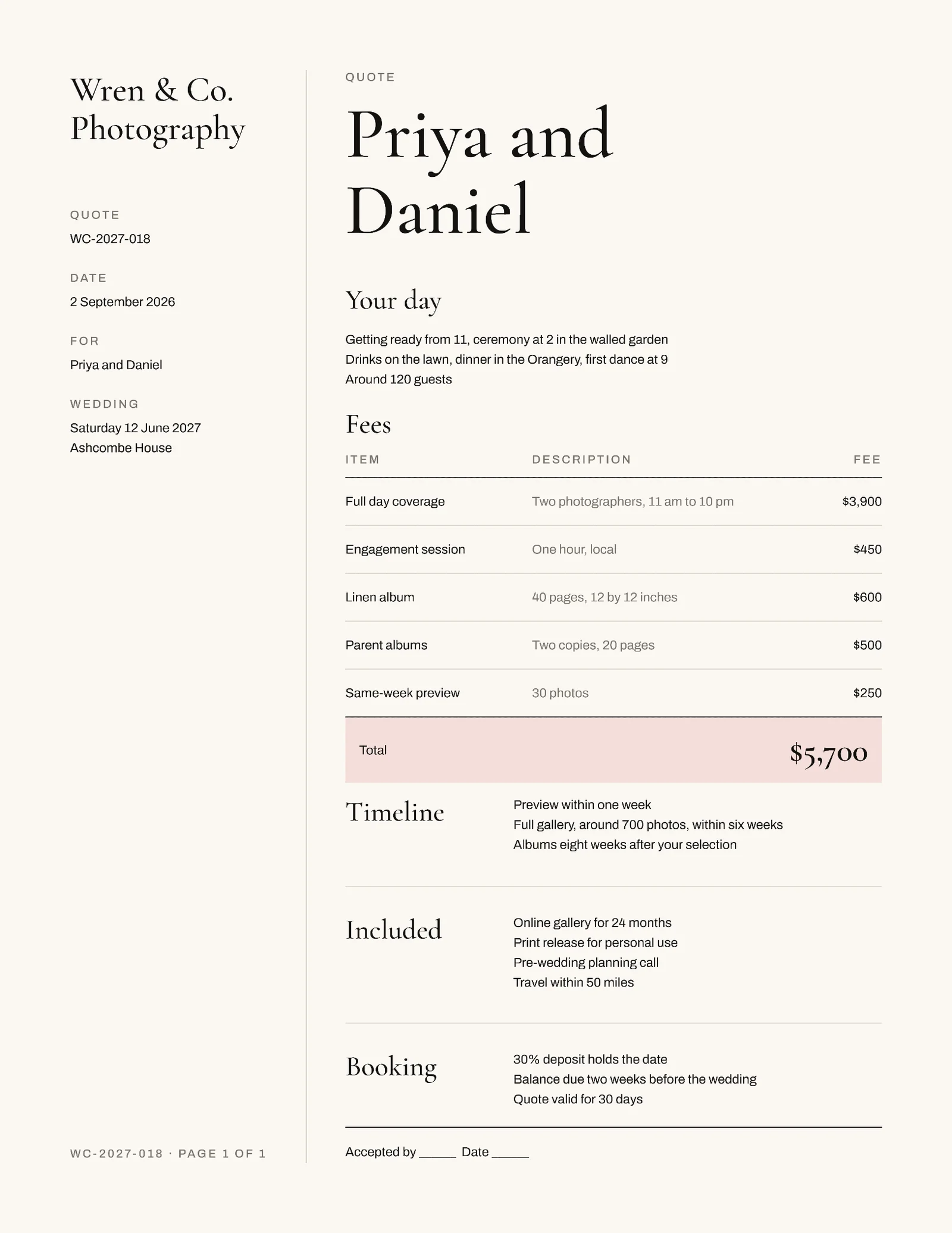 Editorial Wedding Photography Quote — 2-page Quote template, page 2 of 2