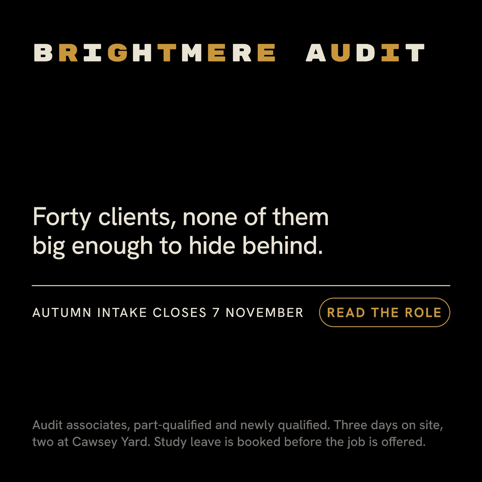Audit associate hiring ad — open black with one hairline — 1:1 LinkedIn ad template