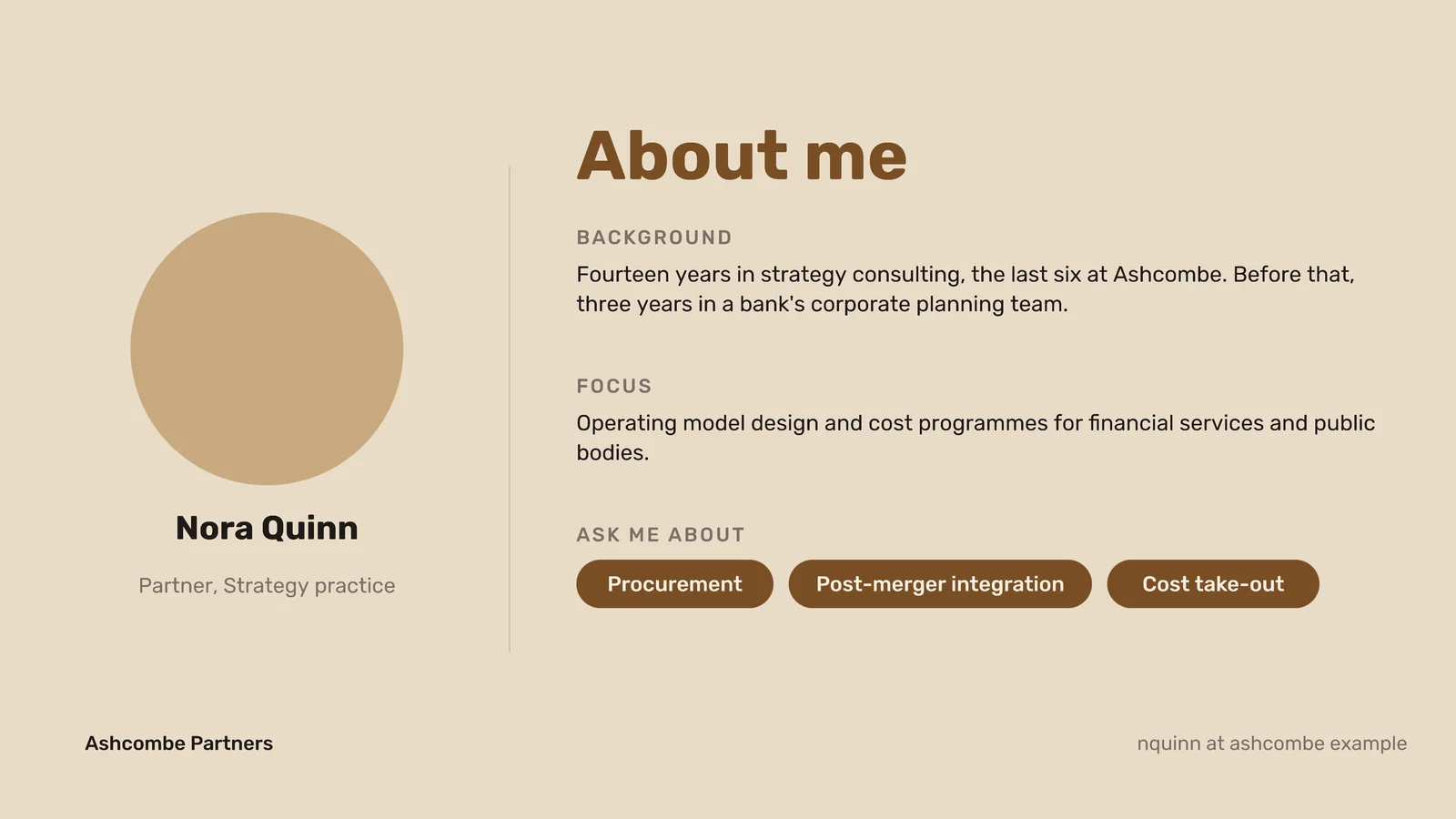 Single Presenter About Me Slide — 16:9 Slide template