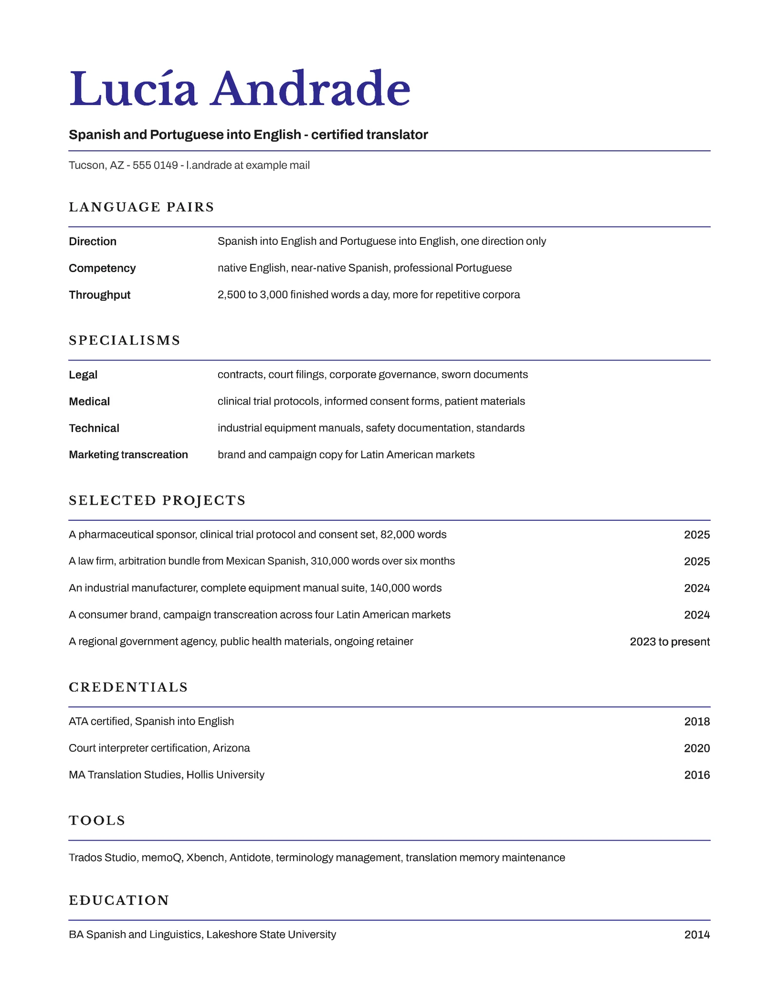 Freelance Translator Resume — Letter Resume template