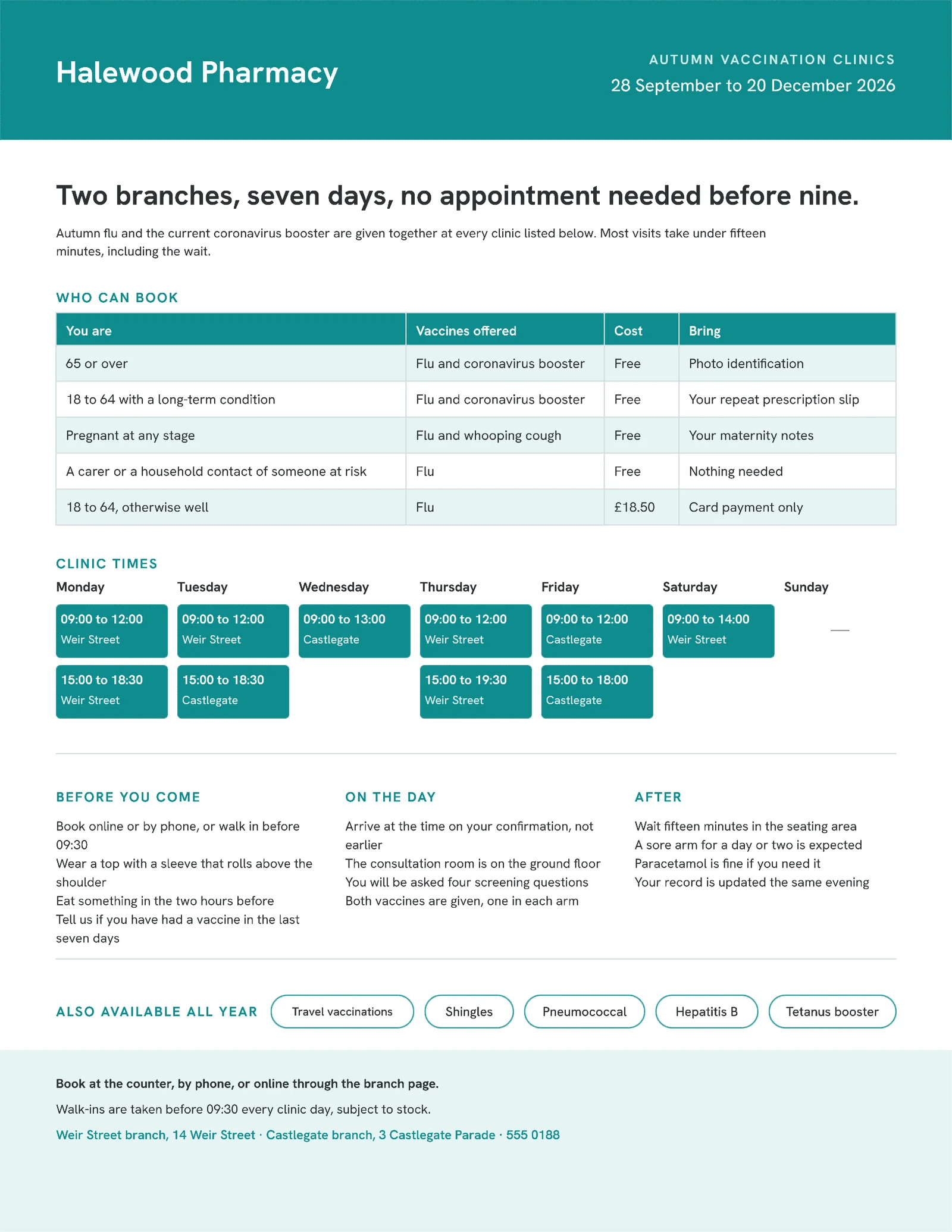 Teal White Clinic Schedule Pharmacy Vaccination One Pager — Letter One pager template