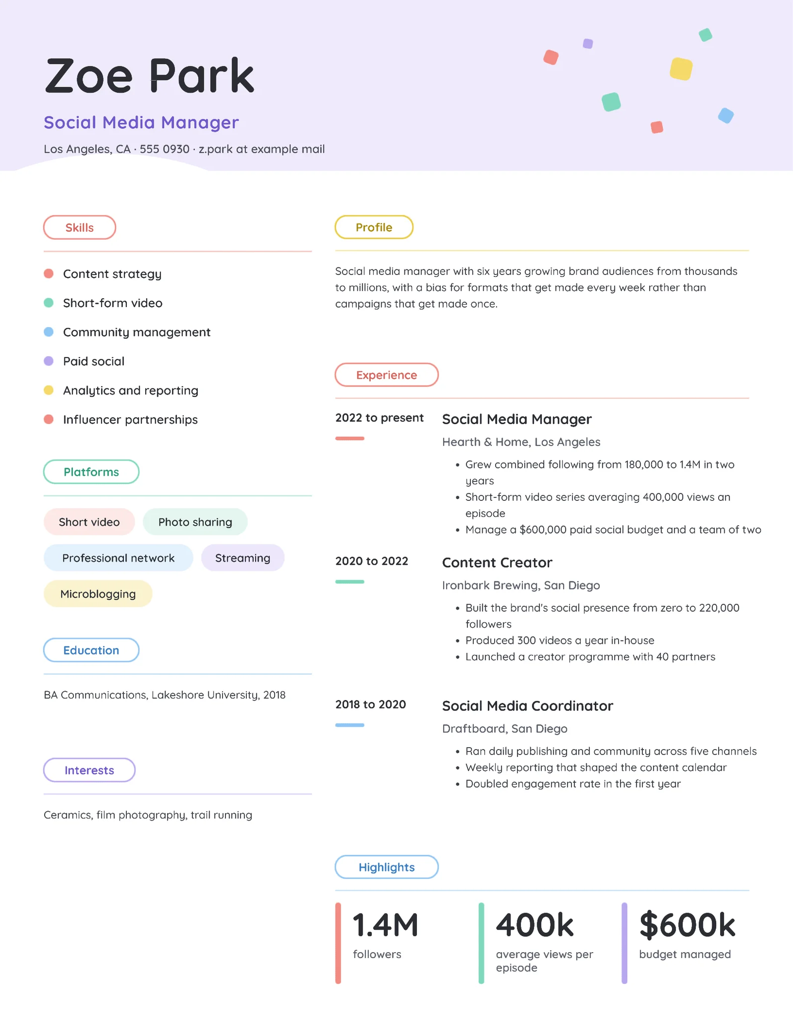 Colorful Tags Social Media Manager Résumé — 2-page Resume template, page 2 of 2