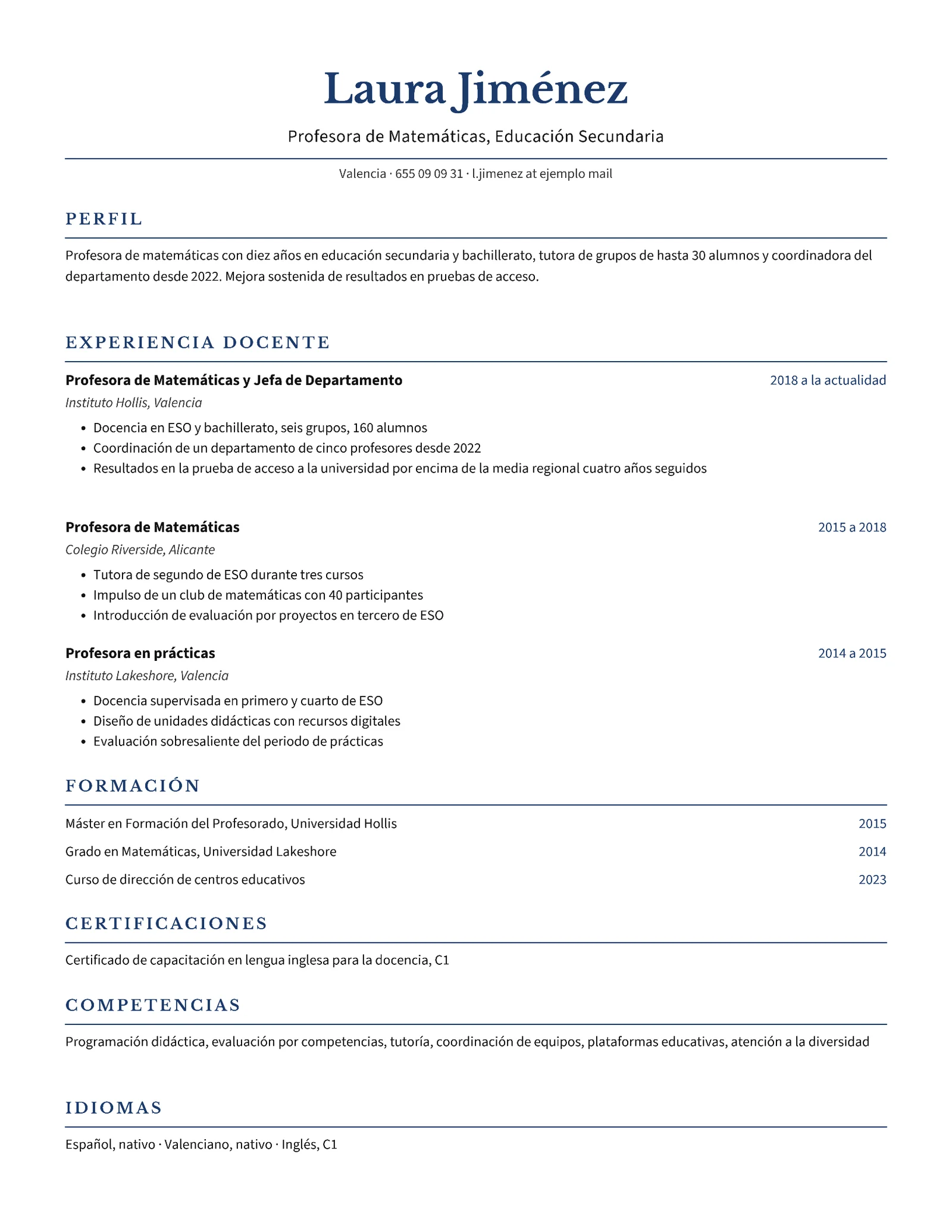 Professional Secondary Teacher Résumé, Spanish — Letter Resume template