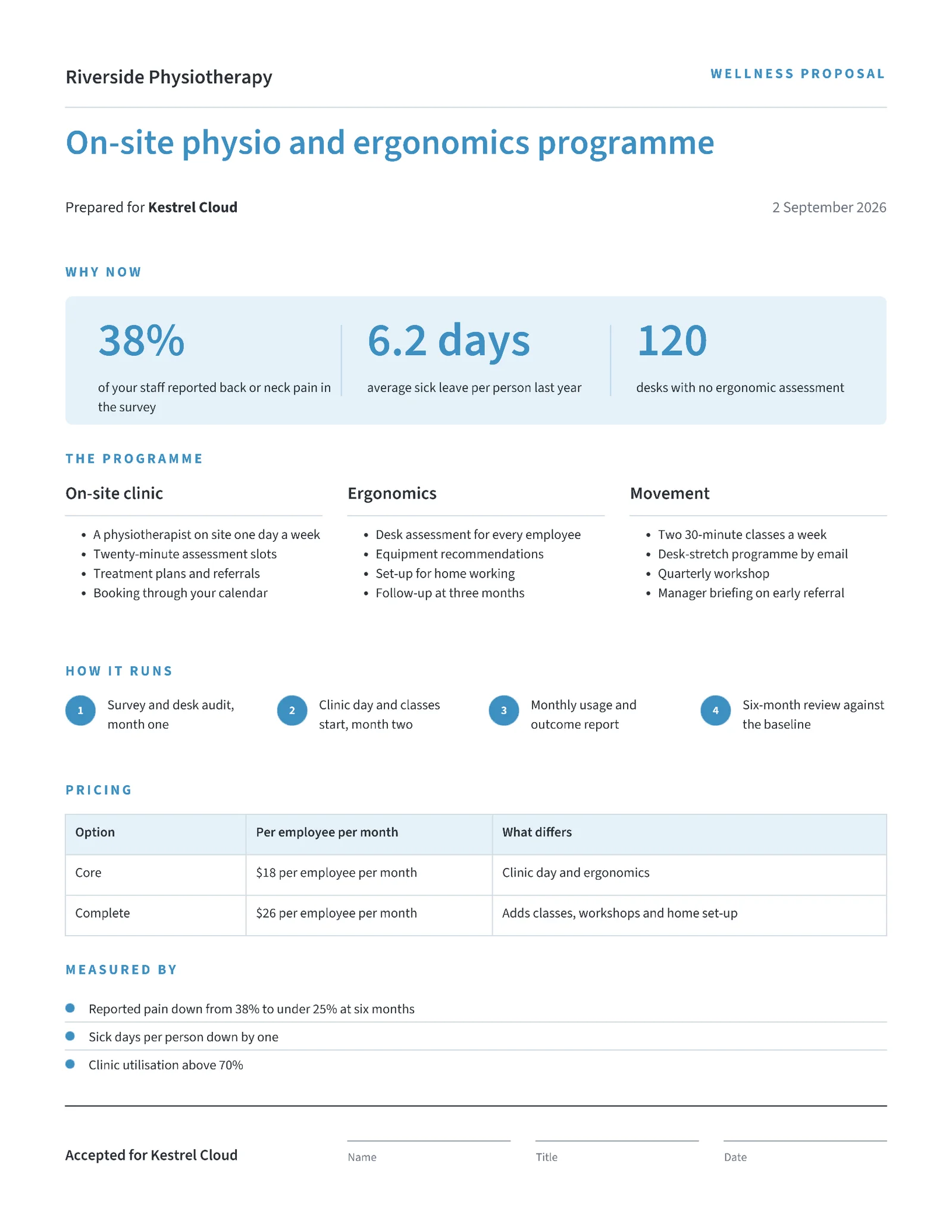 One-Page Corporate Wellness Physio Proposal — 2-page Proposal template, page 1 of 2