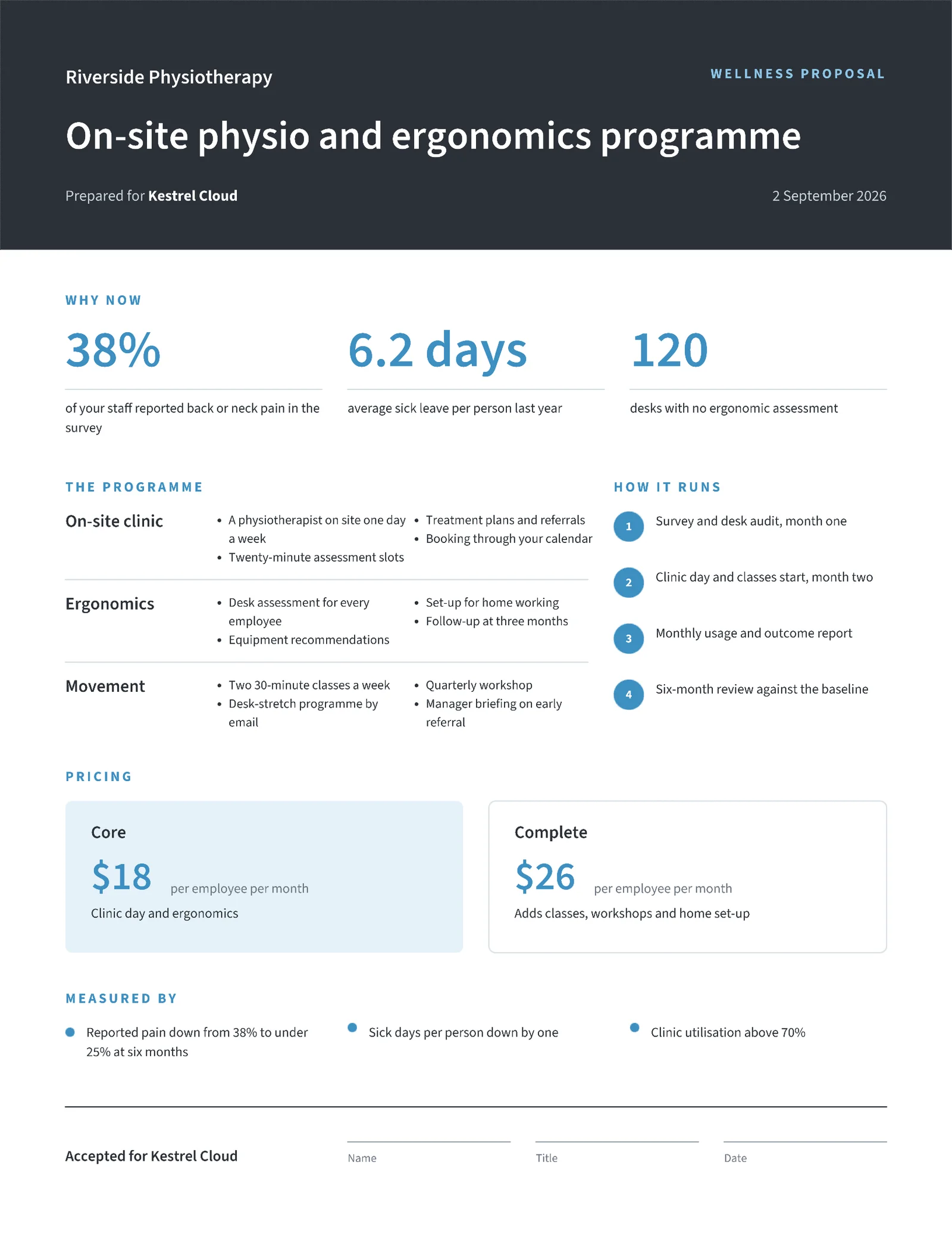 One-Page Corporate Wellness Physio Proposal — 2-page Proposal template, page 2 of 2