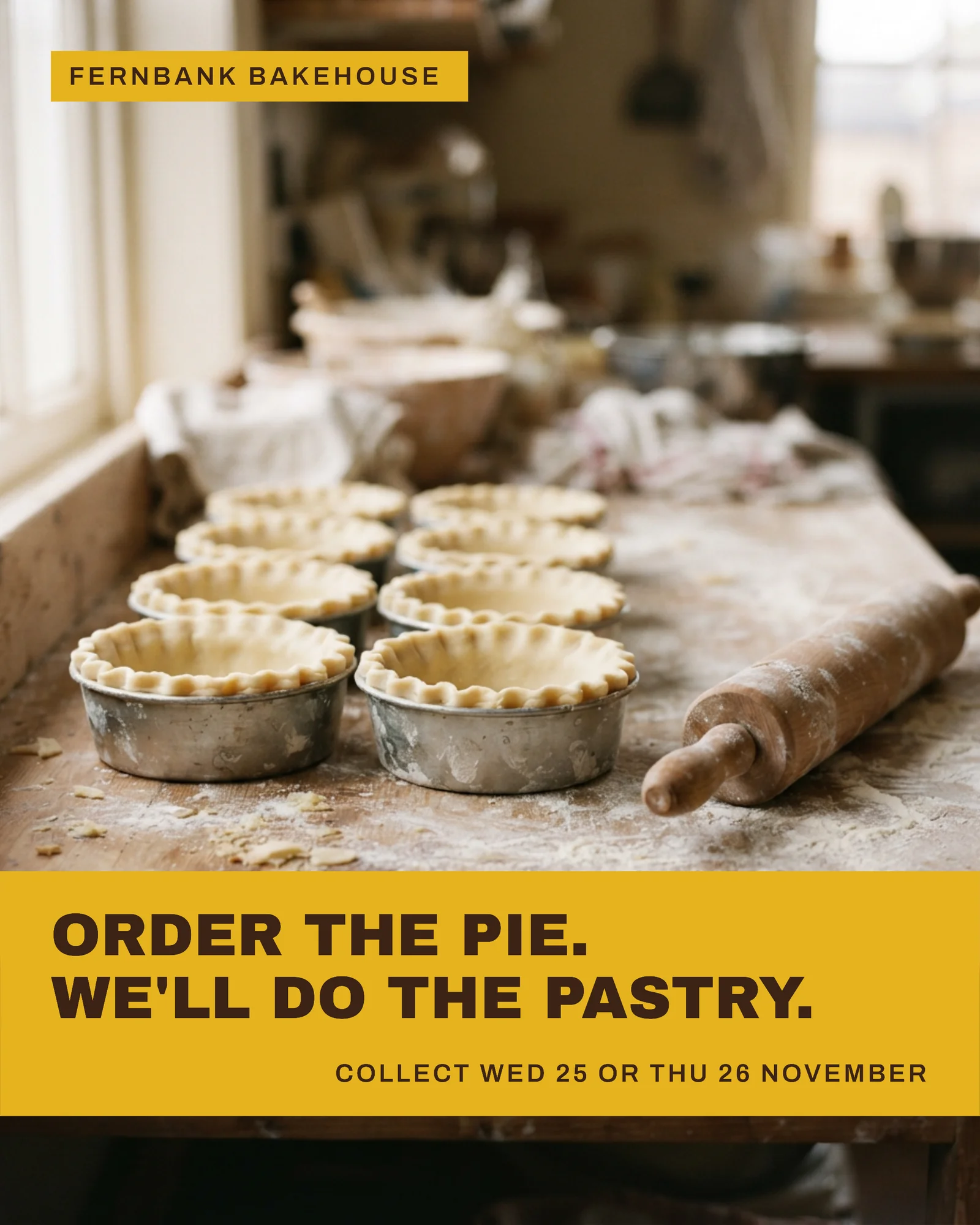 Butter Band Bakery Thanksgiving Pie Pre-Order Facebook Carousel — 5-panel Facebook carousel carousel template, page 1 of 5