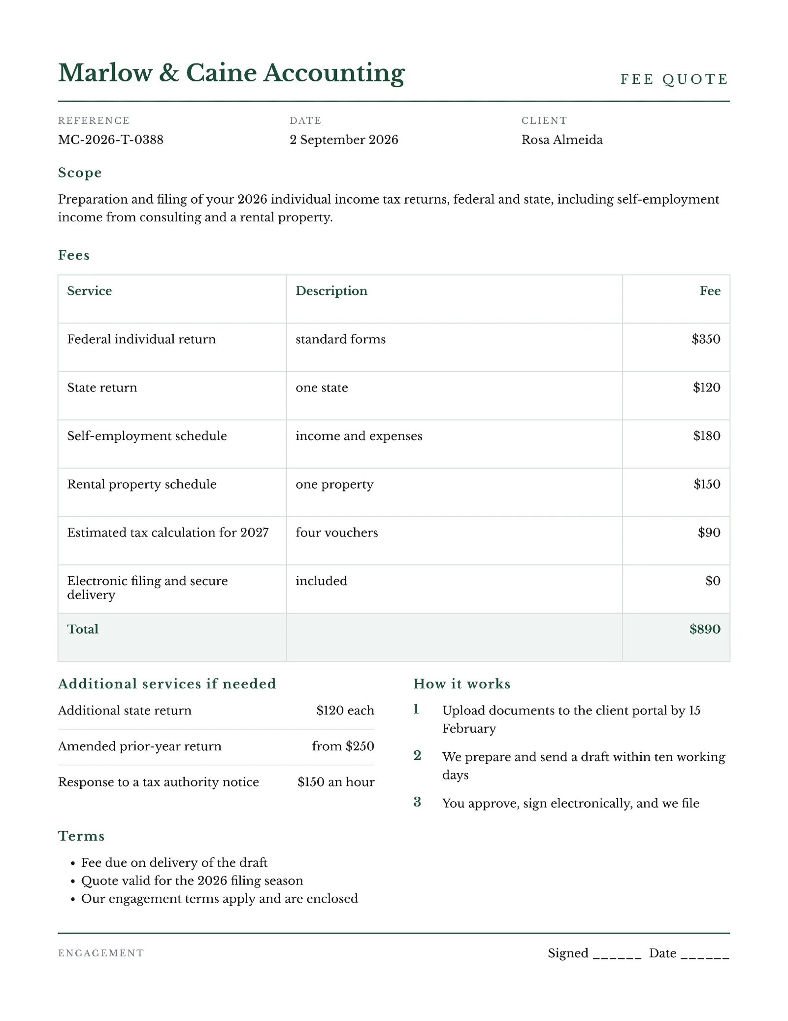 Formal Tax Preparation Fee Quote — 2-page Quote template, page 1 of 2