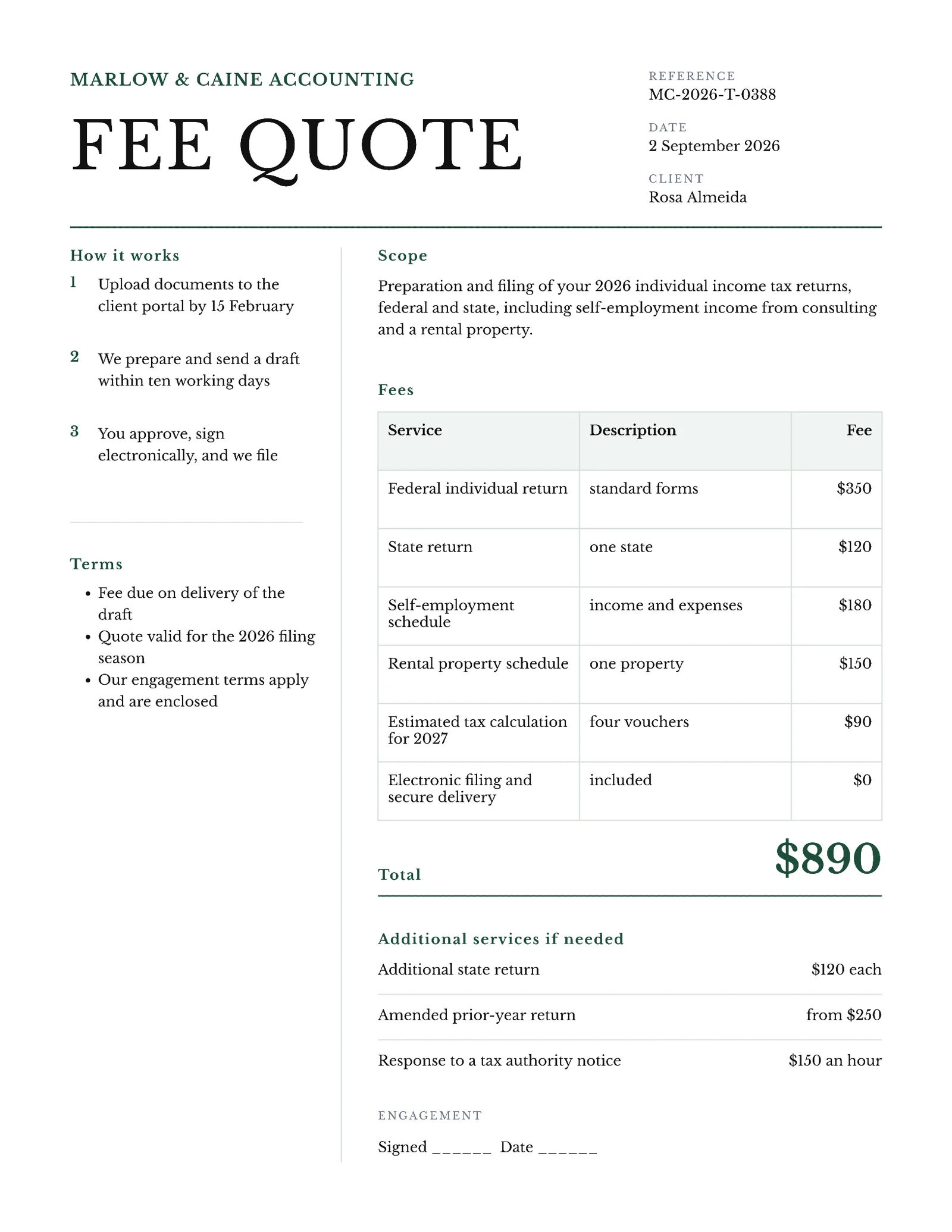 Formal Tax Preparation Fee Quote — 2-page Quote template, page 2 of 2