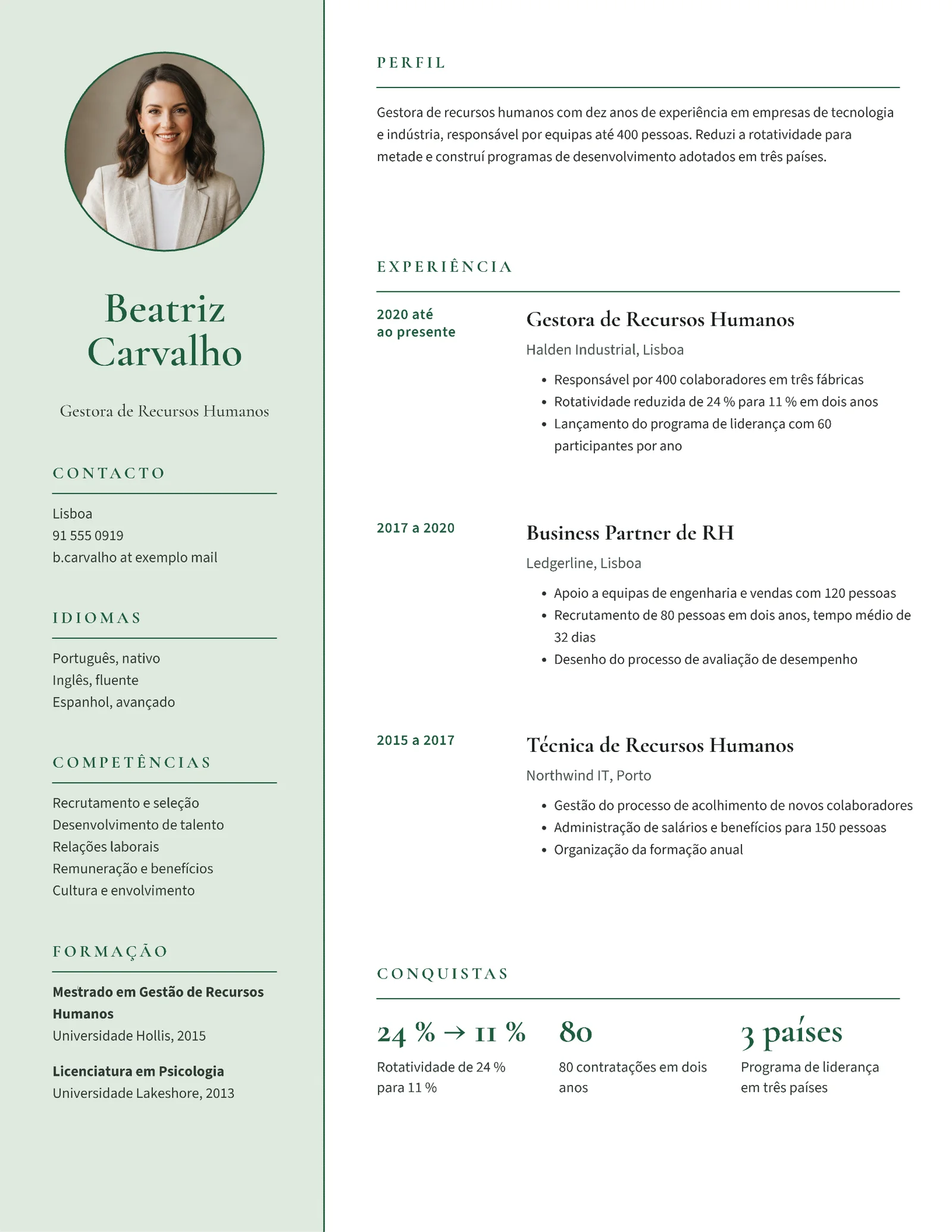 Photo Sidebar HR Manager Résumé, Portuguese — 2-page Resume template, page 2 of 2