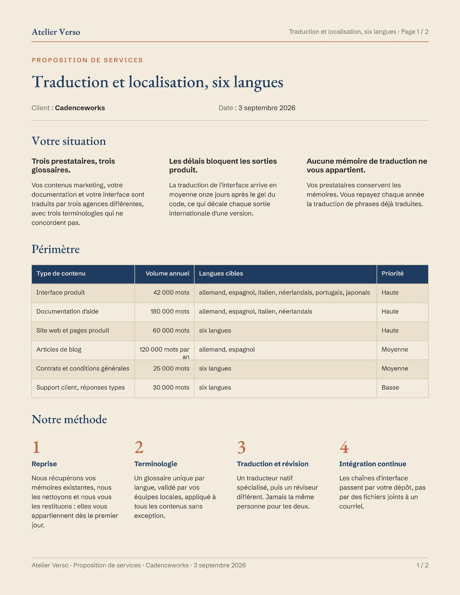 Ink Sand Tarifs Localisation Translation Services Proposal French — 2-page Proposal template, page 1 of 2
