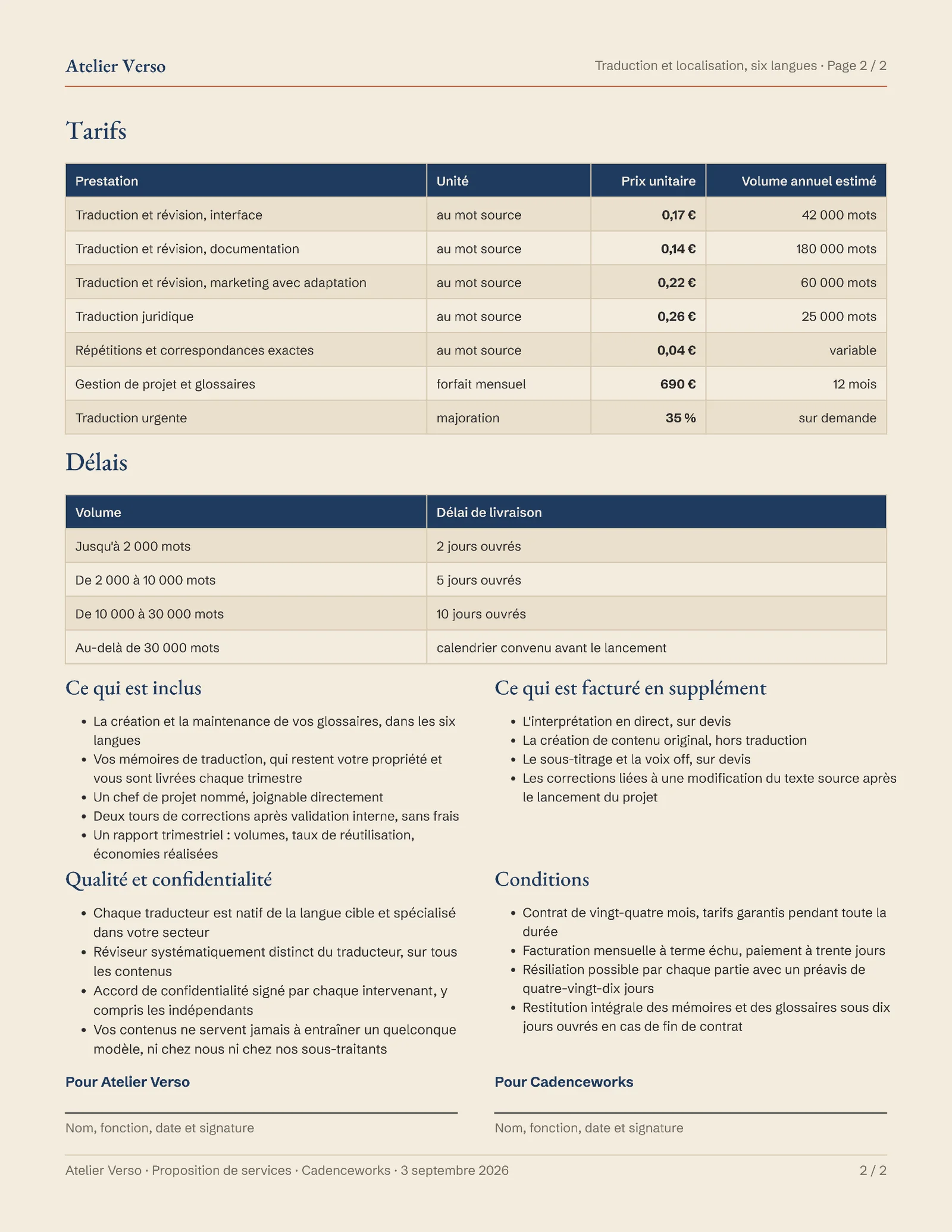 Ink Sand Tarifs Localisation Translation Services Proposal French — 2-page Proposal template, page 2 of 2