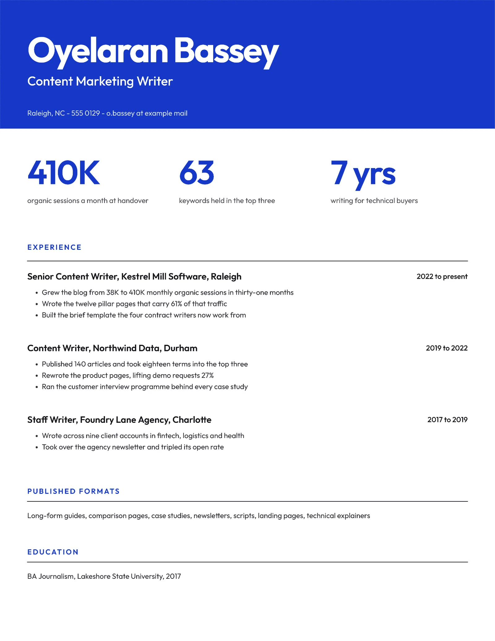 Content Writer Resume — Letter Resume template