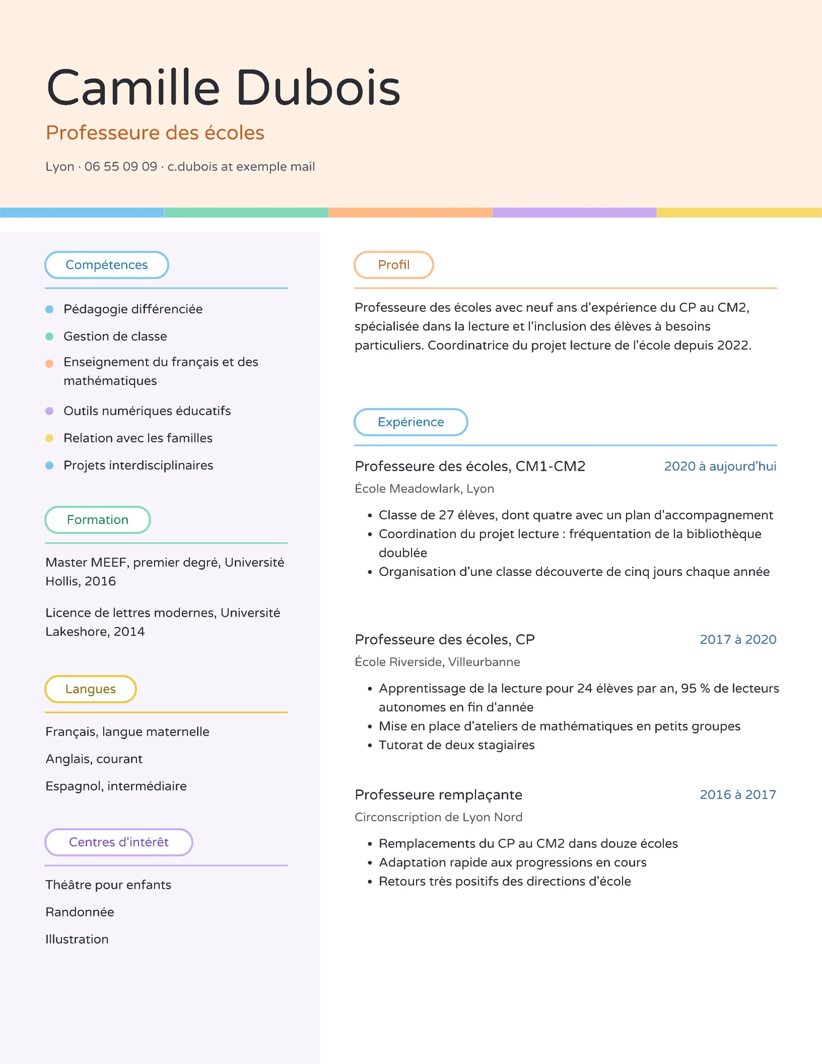 Colorful Primary Teacher Résumé, French — 2-page Resume template, page 2 of 2