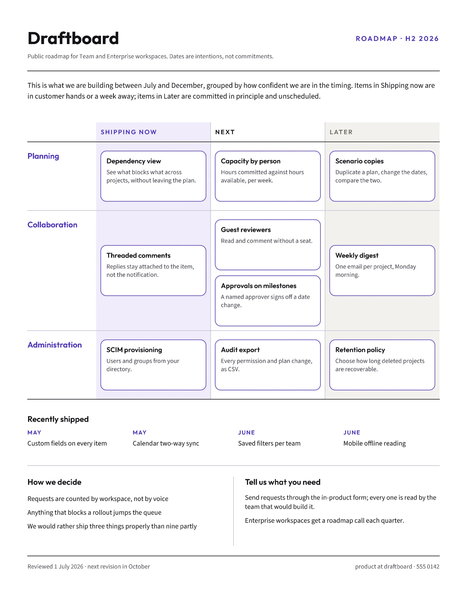 Ink Violet Roadmap Lanes Half-Year Product Roadmap One-Pager — 2-page One pager template, page 1 of 2