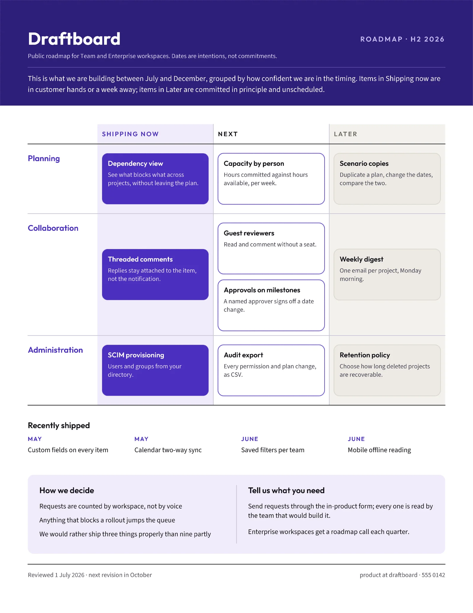 Ink Violet Roadmap Lanes Half-Year Product Roadmap One-Pager — 2-page One pager template, page 2 of 2