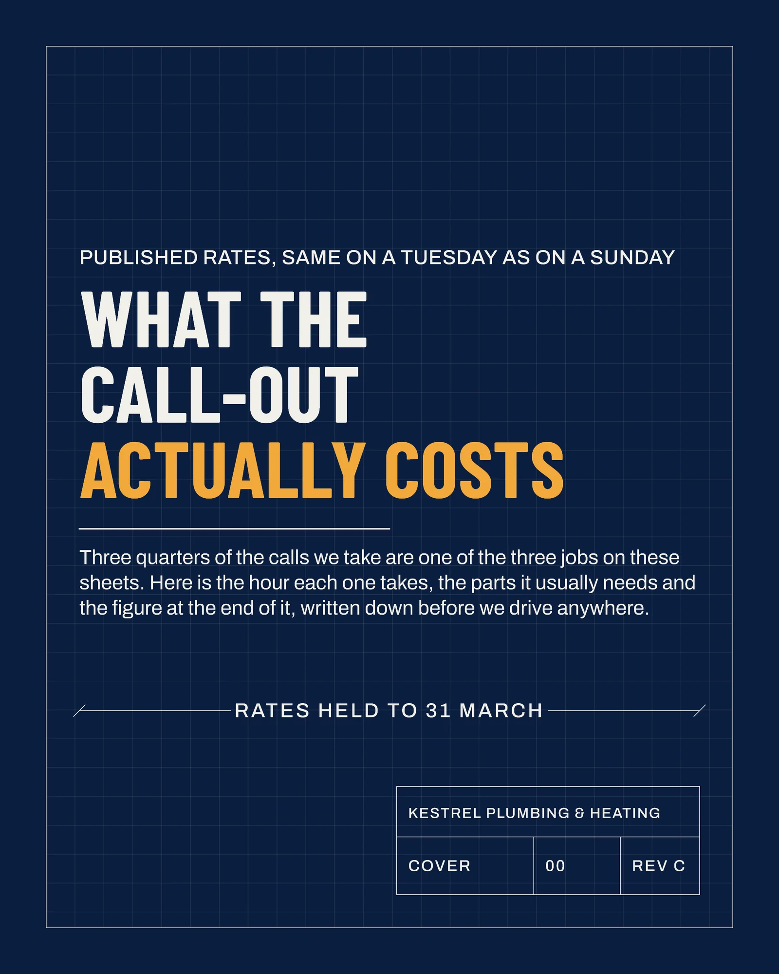 Navy Blueprint Plumbing Call-Out Rate Card Carousel — 5-panel Facebook carousel carousel template, page 1 of 5