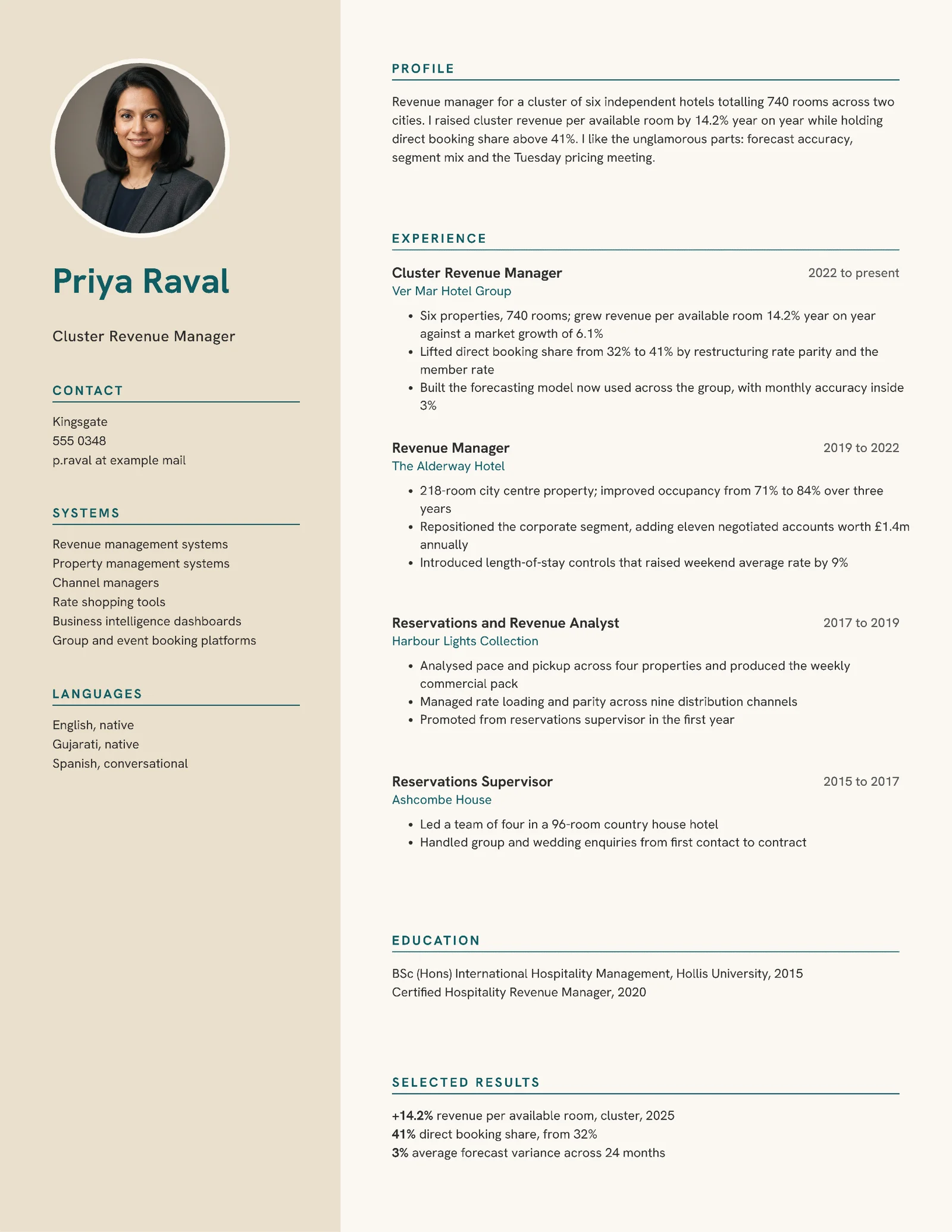 Sand Teal Photo Hotel Revenue Manager Resume — Letter Resume template