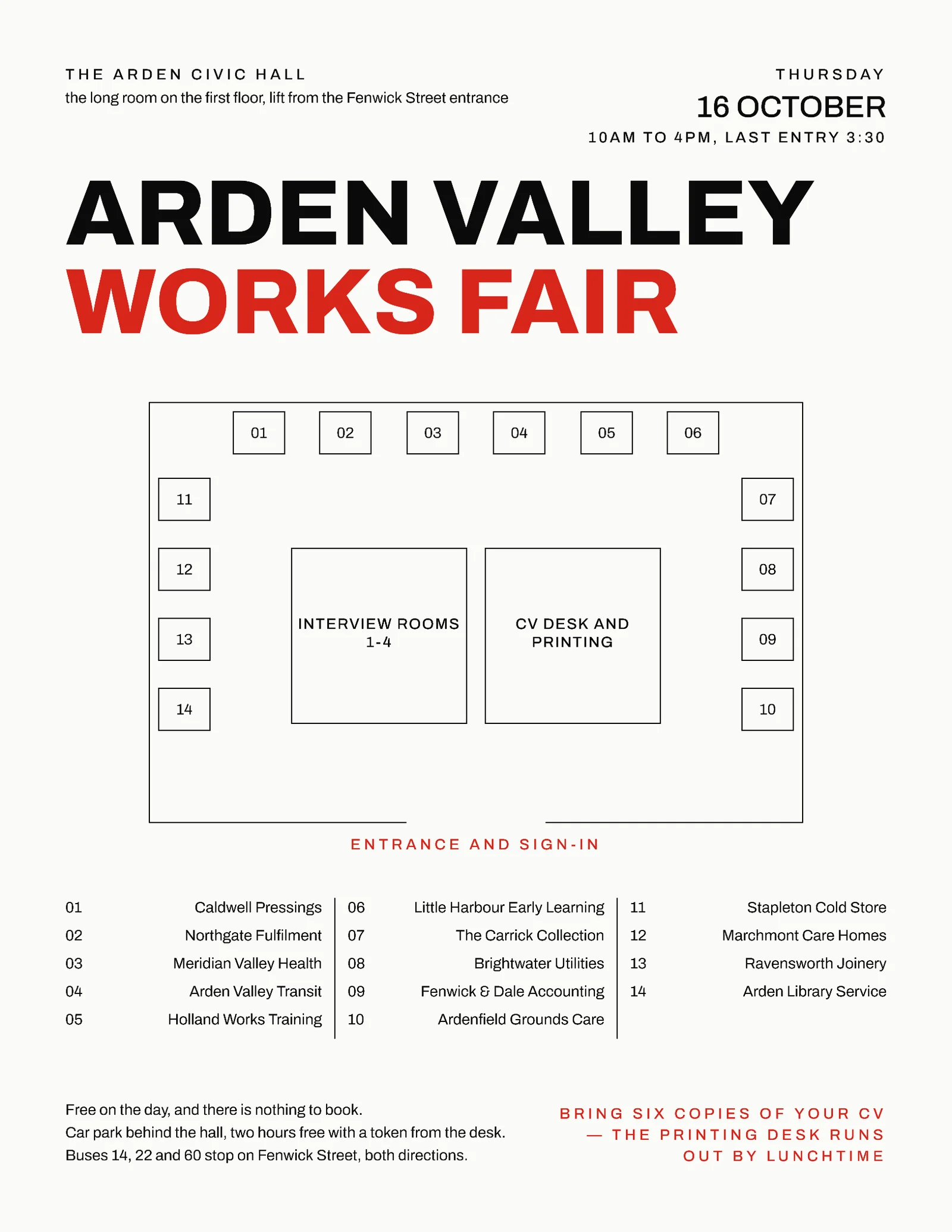 Chalk Signal Red Numbered Floor Plan Civic Hall Job Fair Flyer — Letter Flyer template