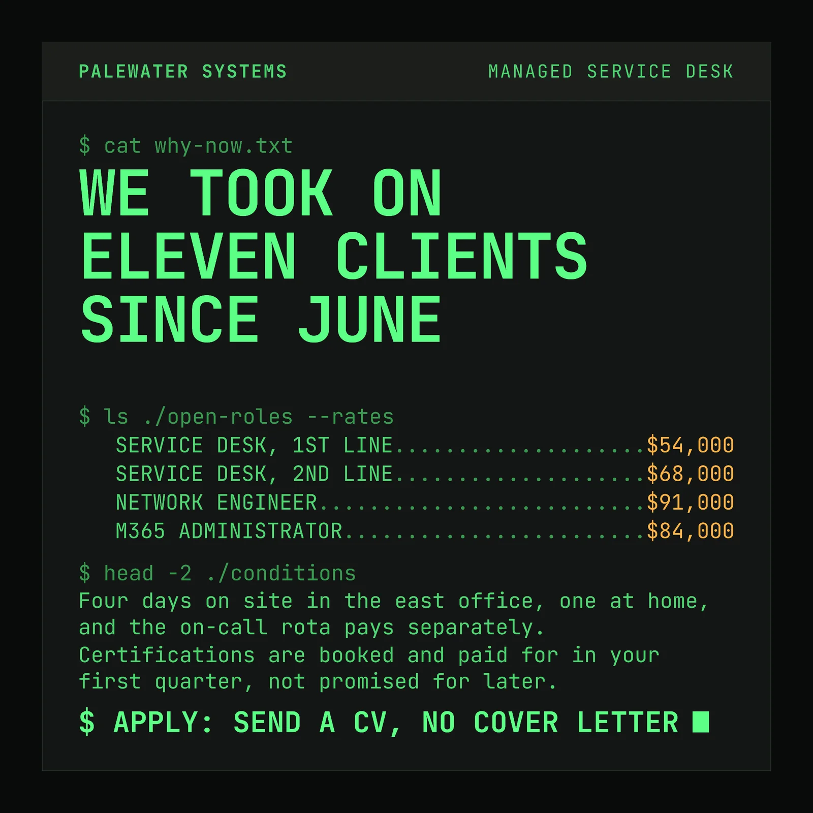 Terminal Green CLI IT Support Hiring Instagram Ad — 1:1 Instagram ad template