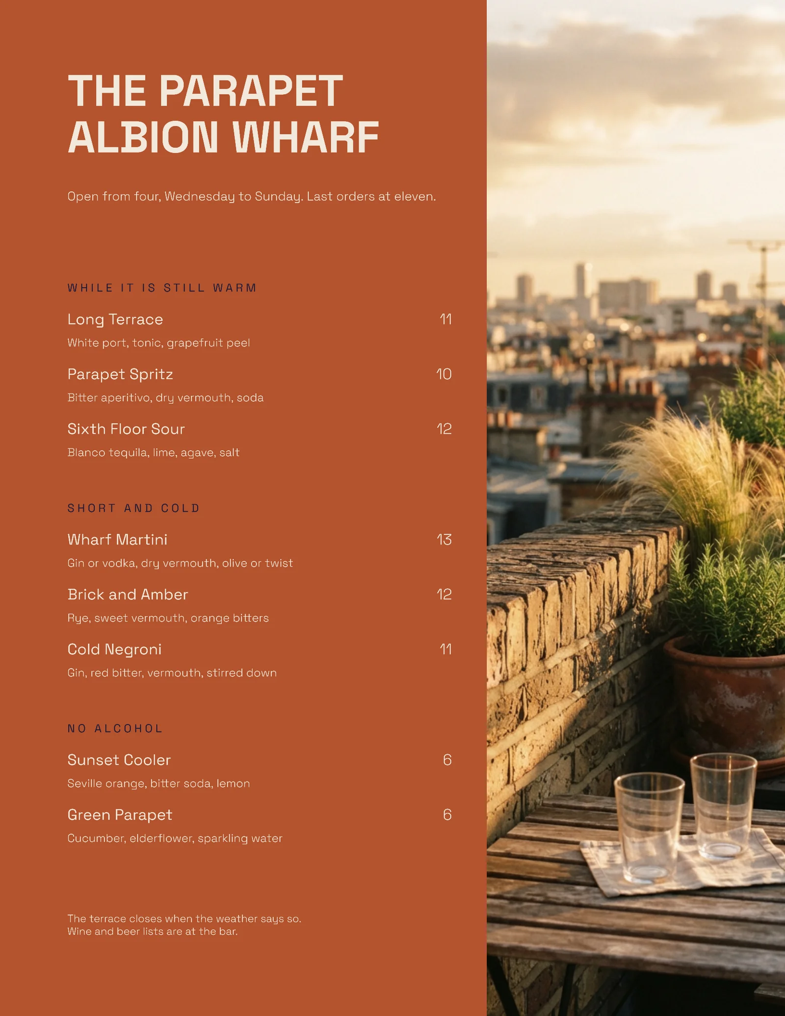 Terracotta Photo Column Rooftop Terrace Bar Menu — Letter Menu template